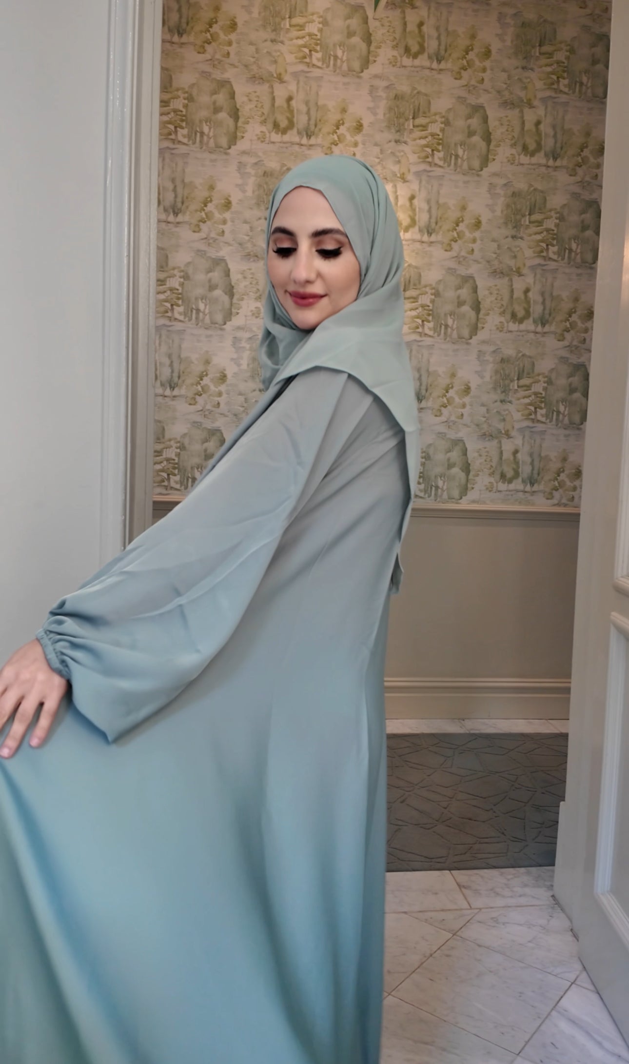 Light Green flow Abayah with attached hijab