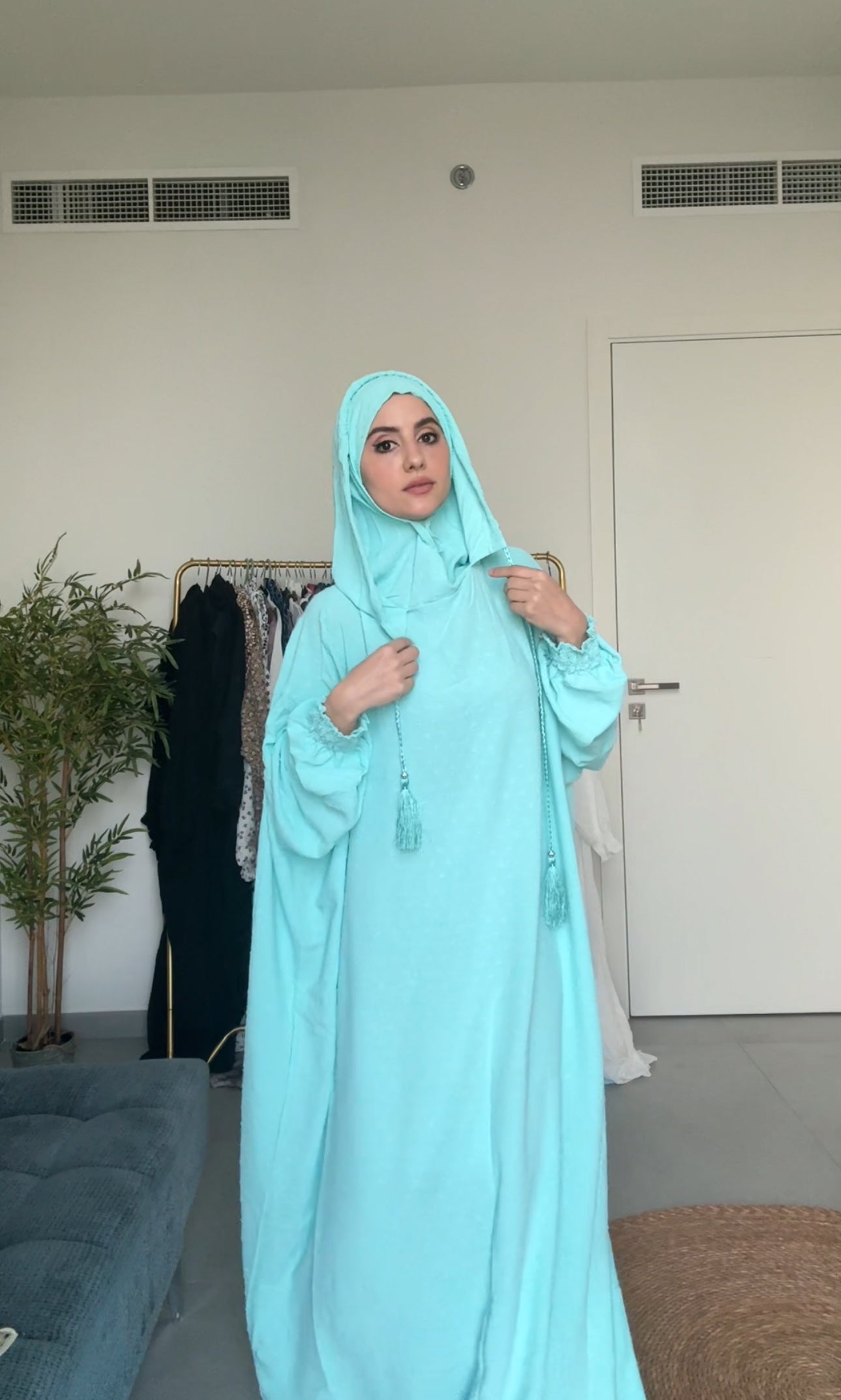 Bright blue burqa with blue dots