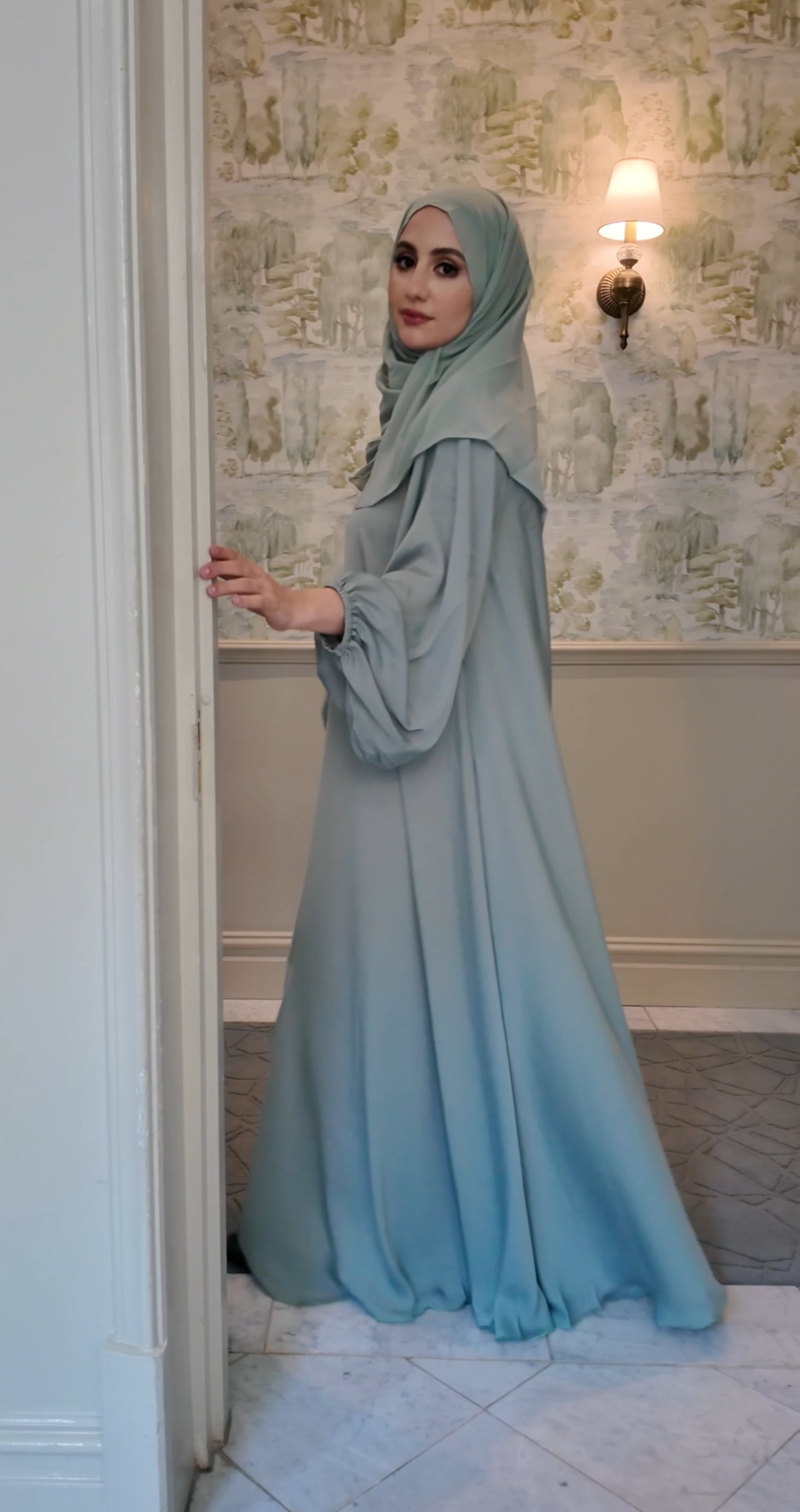 Light Green flow Abayah with attached hijab