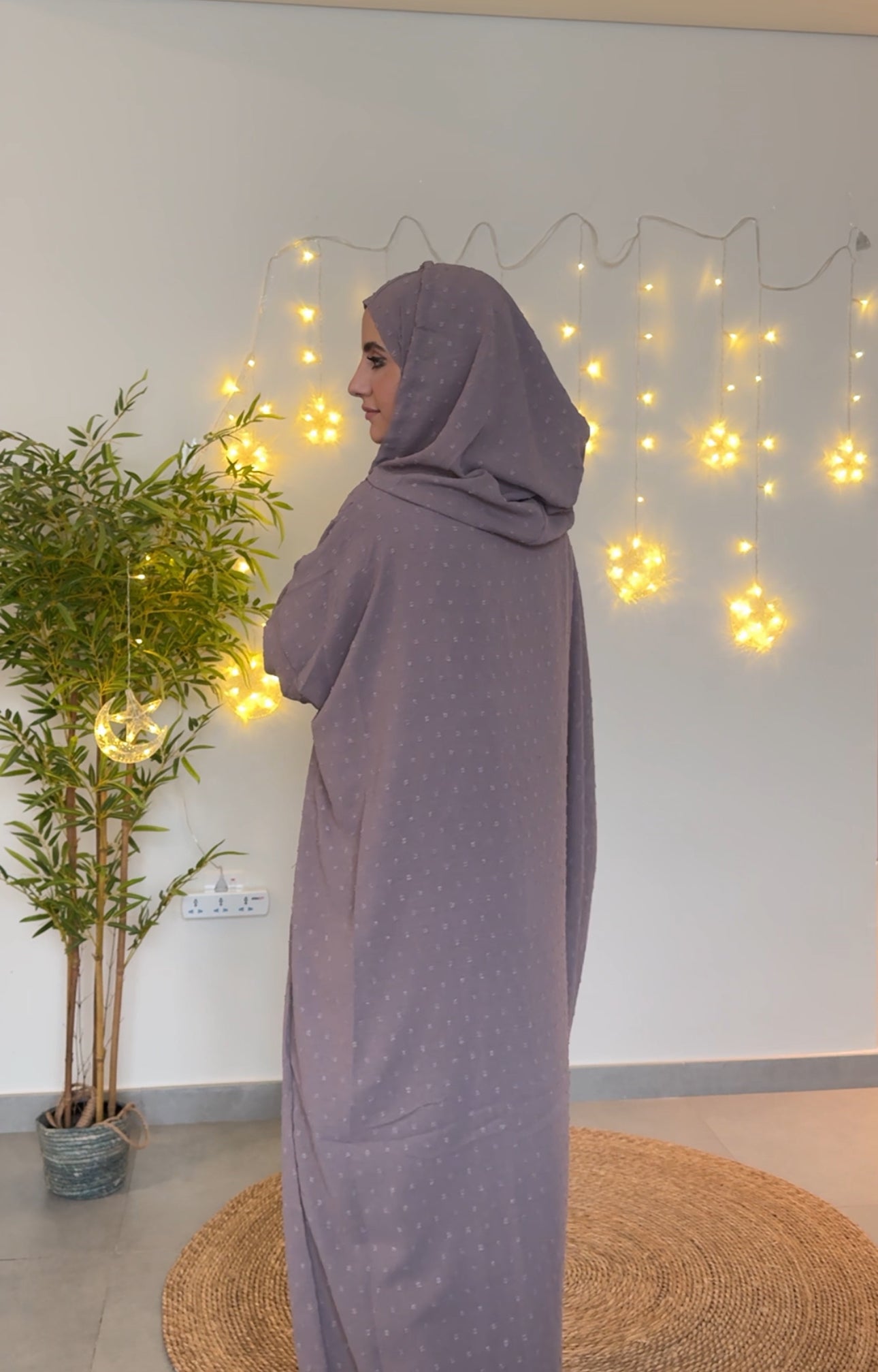 Neutral medium brown burqa with dots