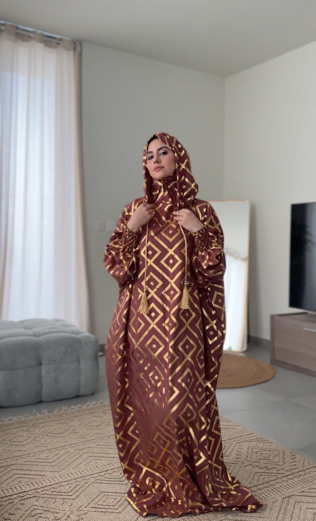 Pinkish brown burqa with gold geometric lines