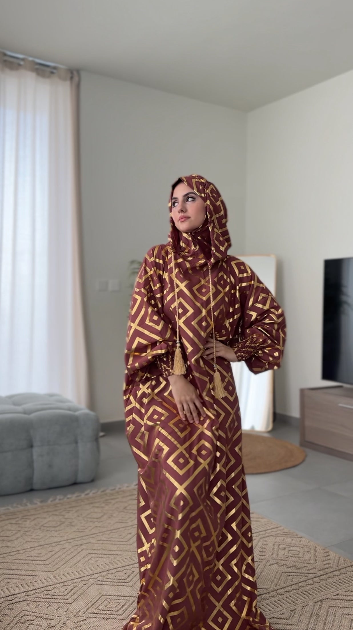 Pinkish brown burqa with gold geometric lines