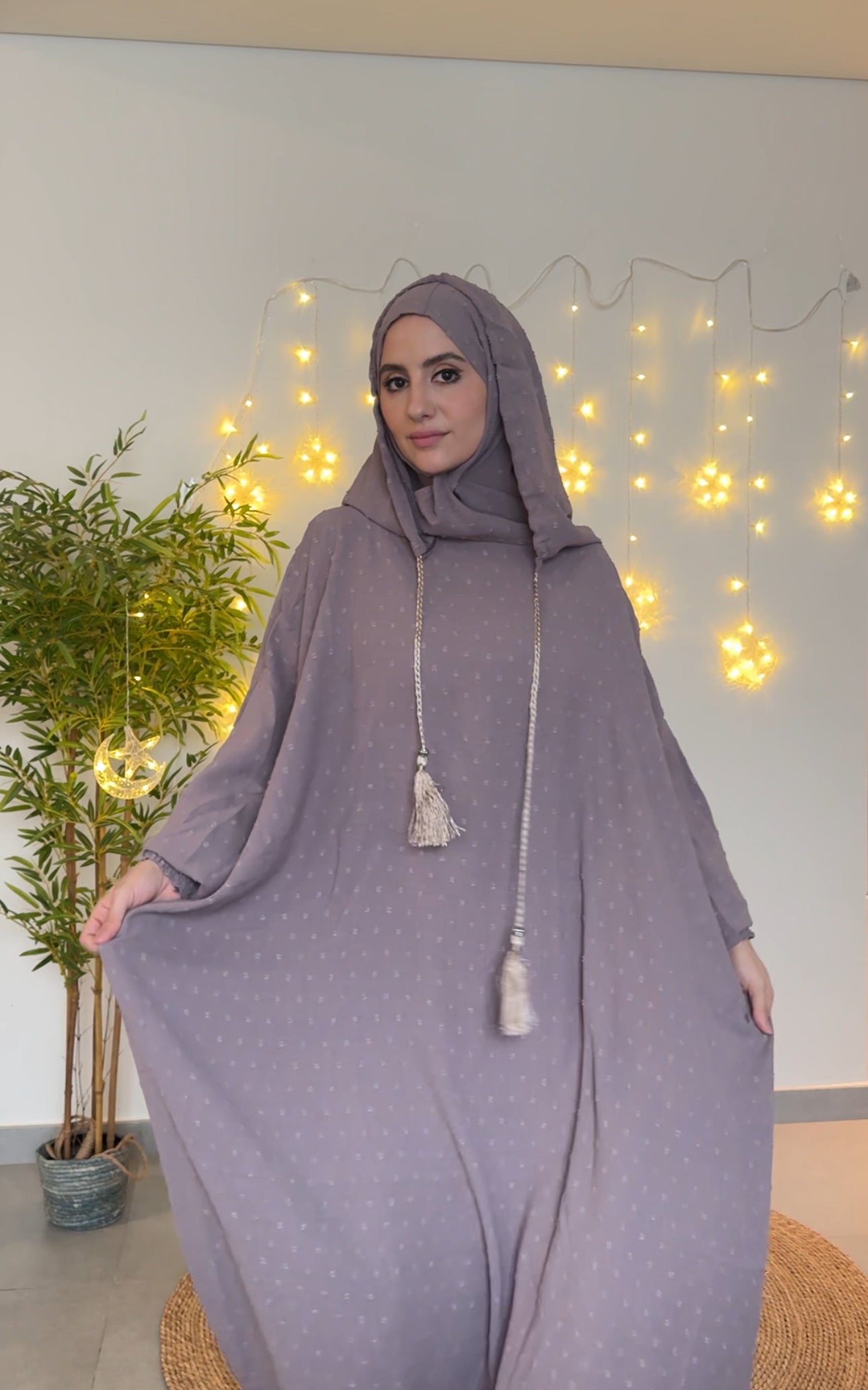 Neutral medium brown burqa with dots