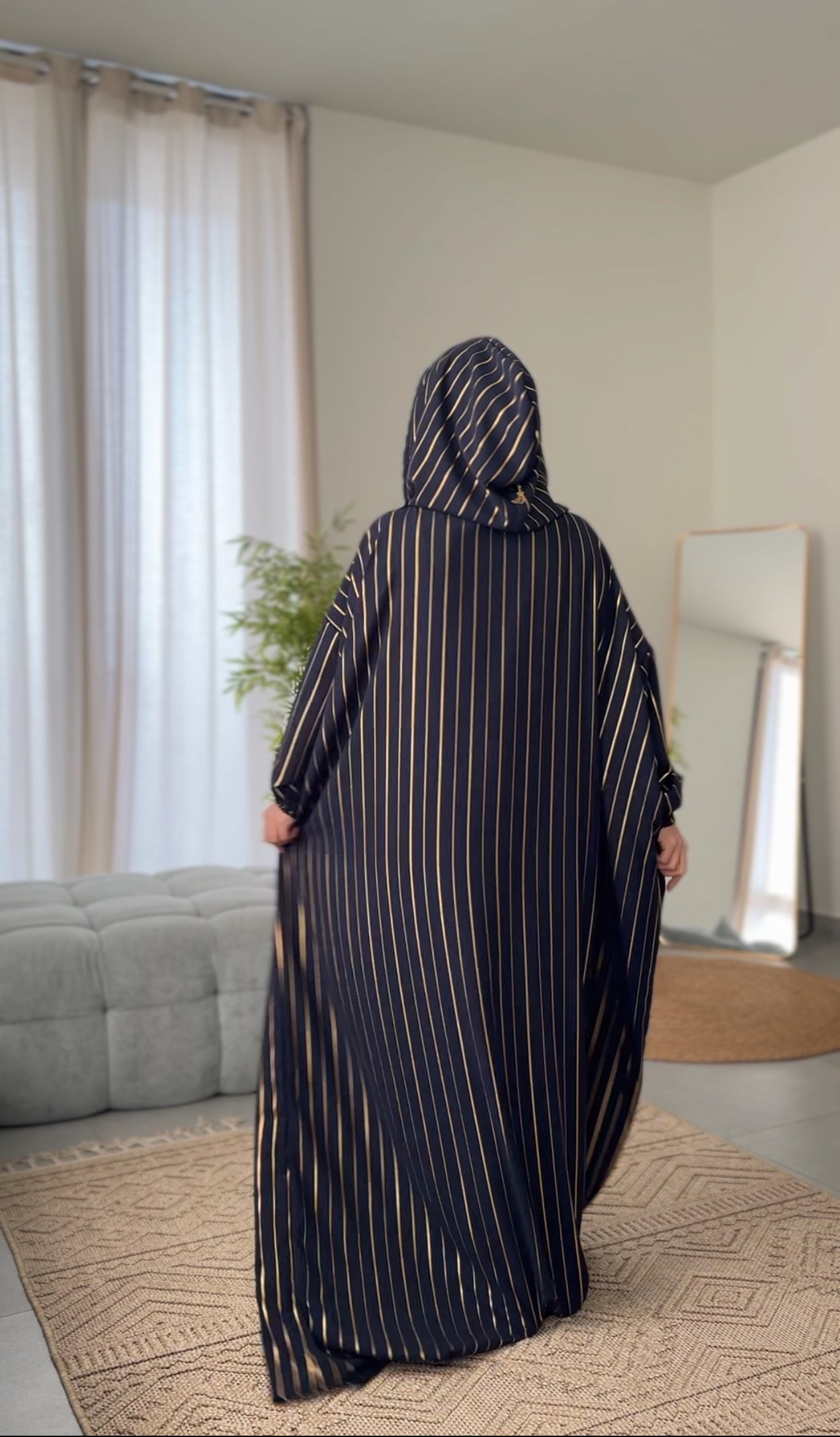 Navy burqa with thin gold vertical lines