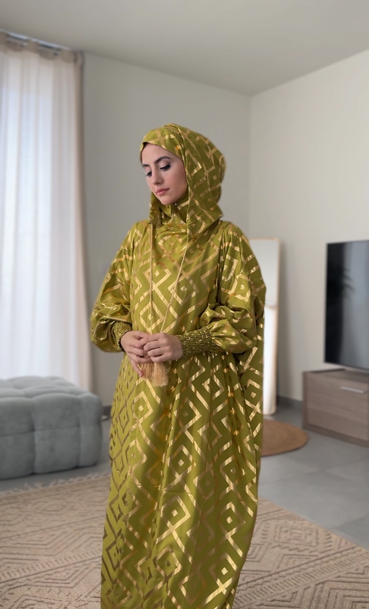 Olive green burqa with gold geometric lines