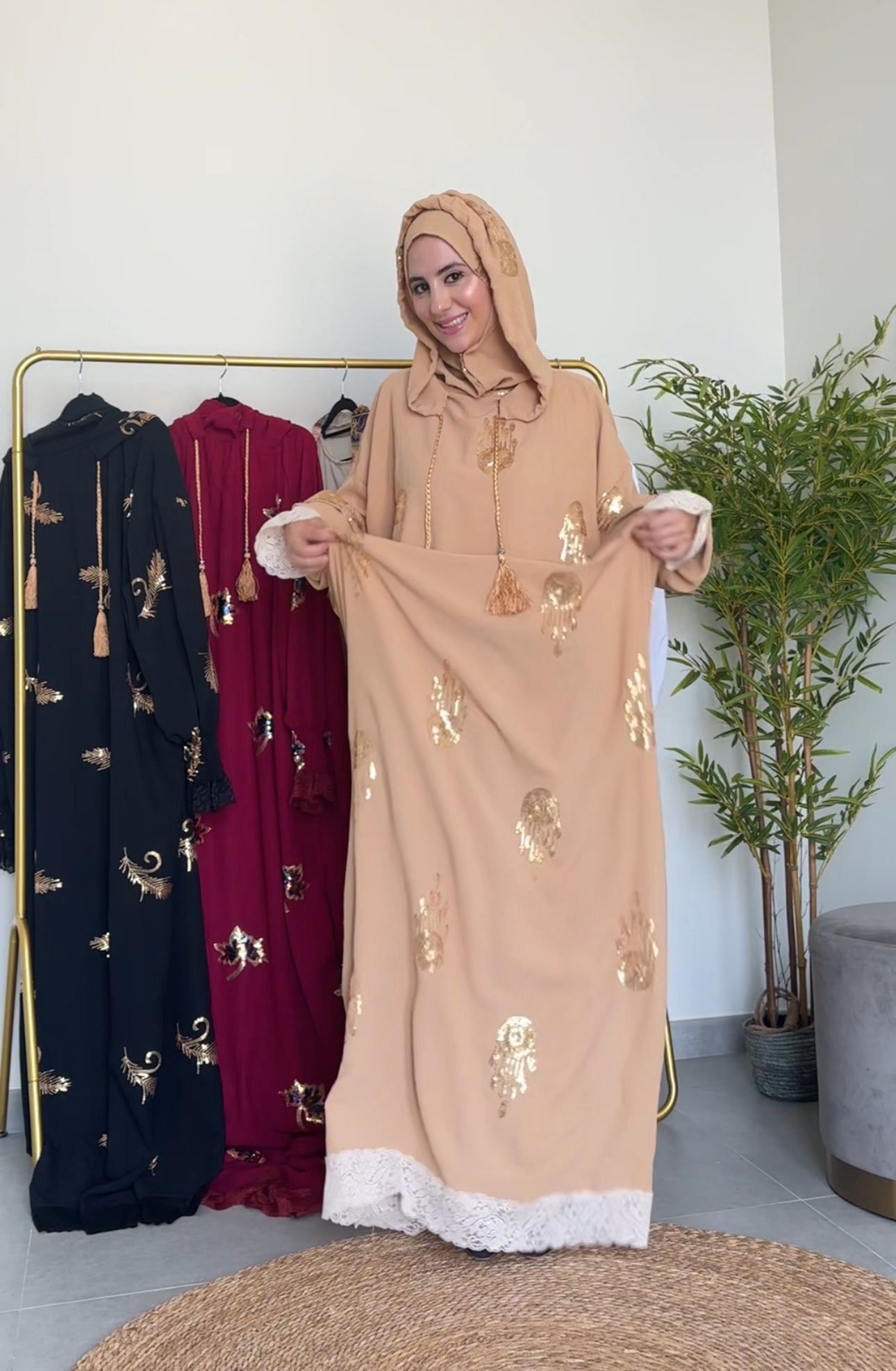 Beige Hoodie Burqa with embroidery and lace work