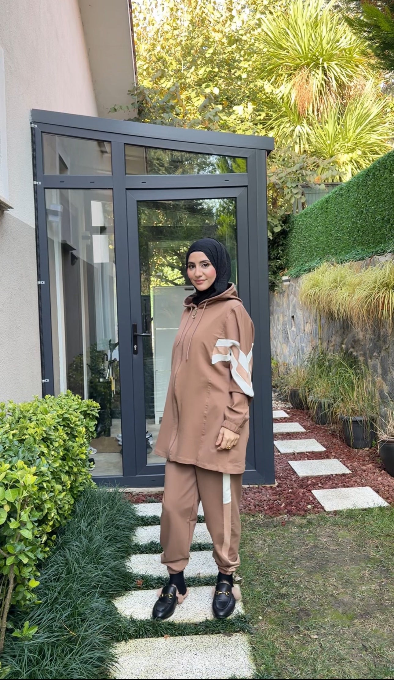 Beige tracksuit set with white stripes