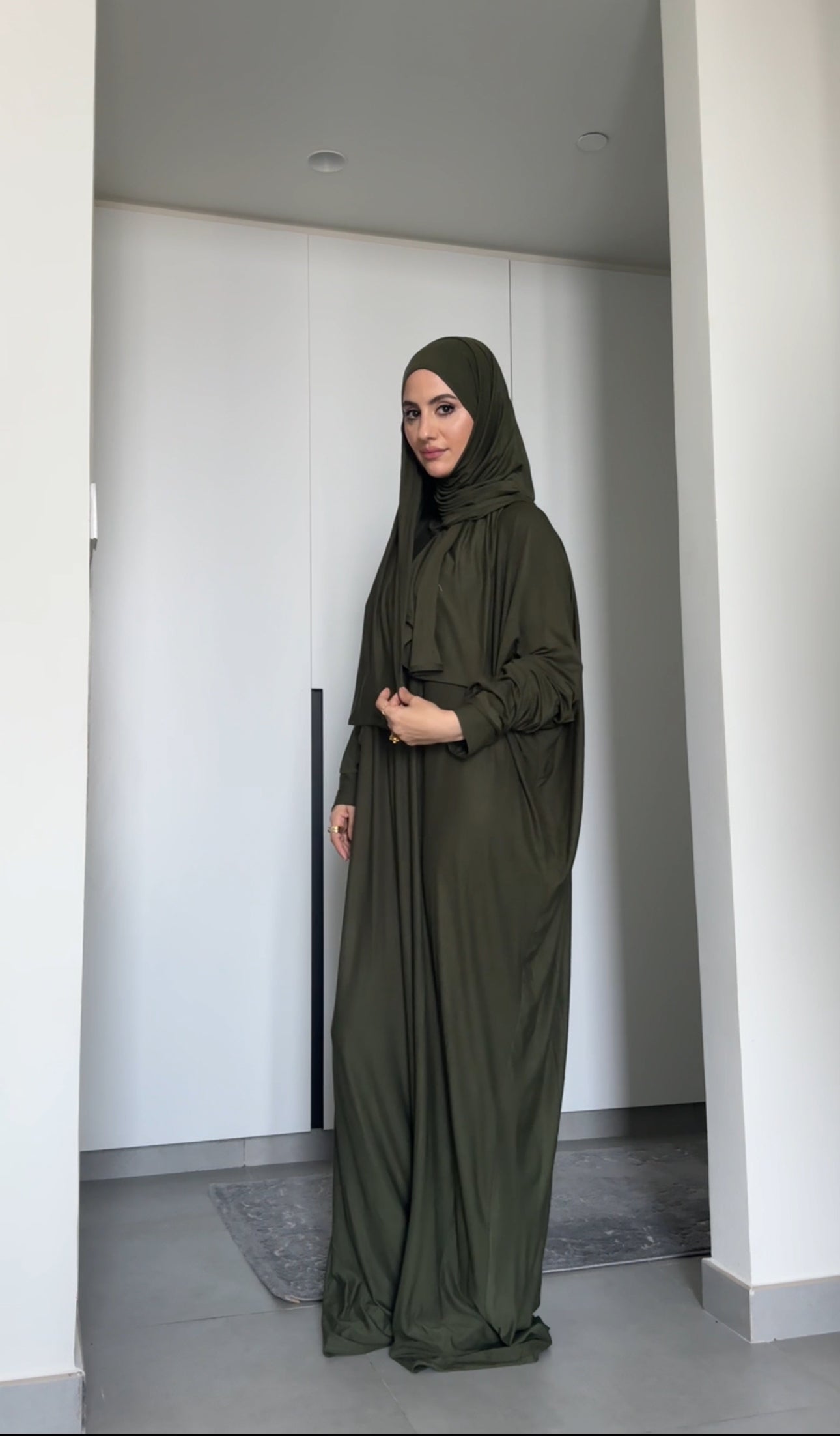 Army green stretch fabric burqa with zip and attached scarf