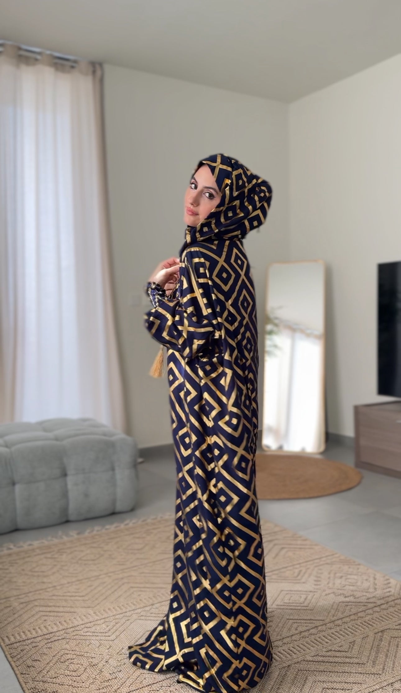 Navy burqa with gold geometric lines