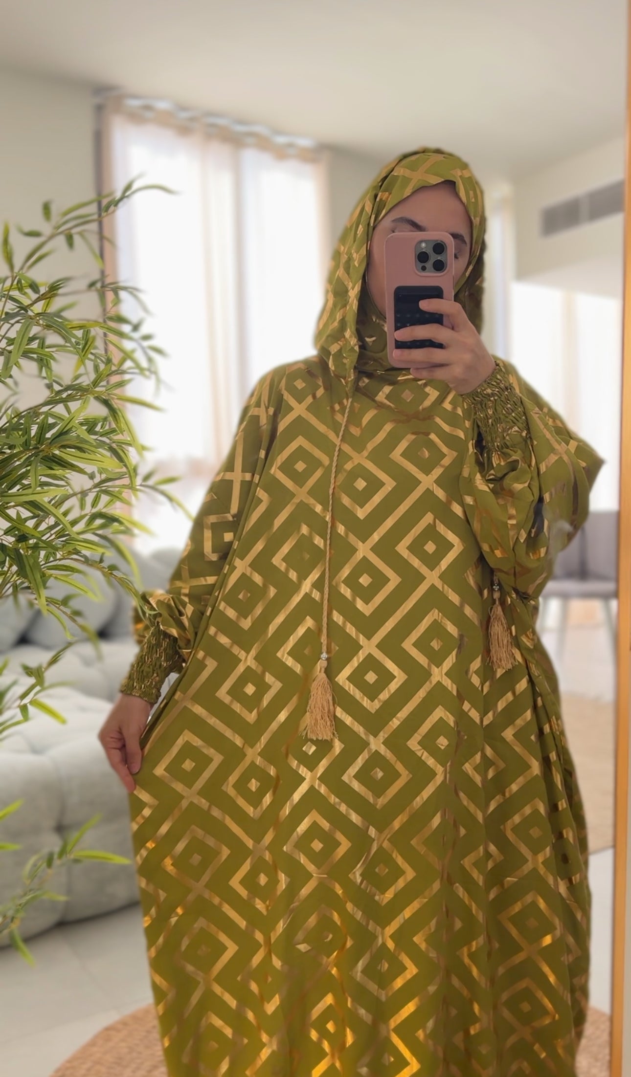 Olive green burqa with gold geometric lines