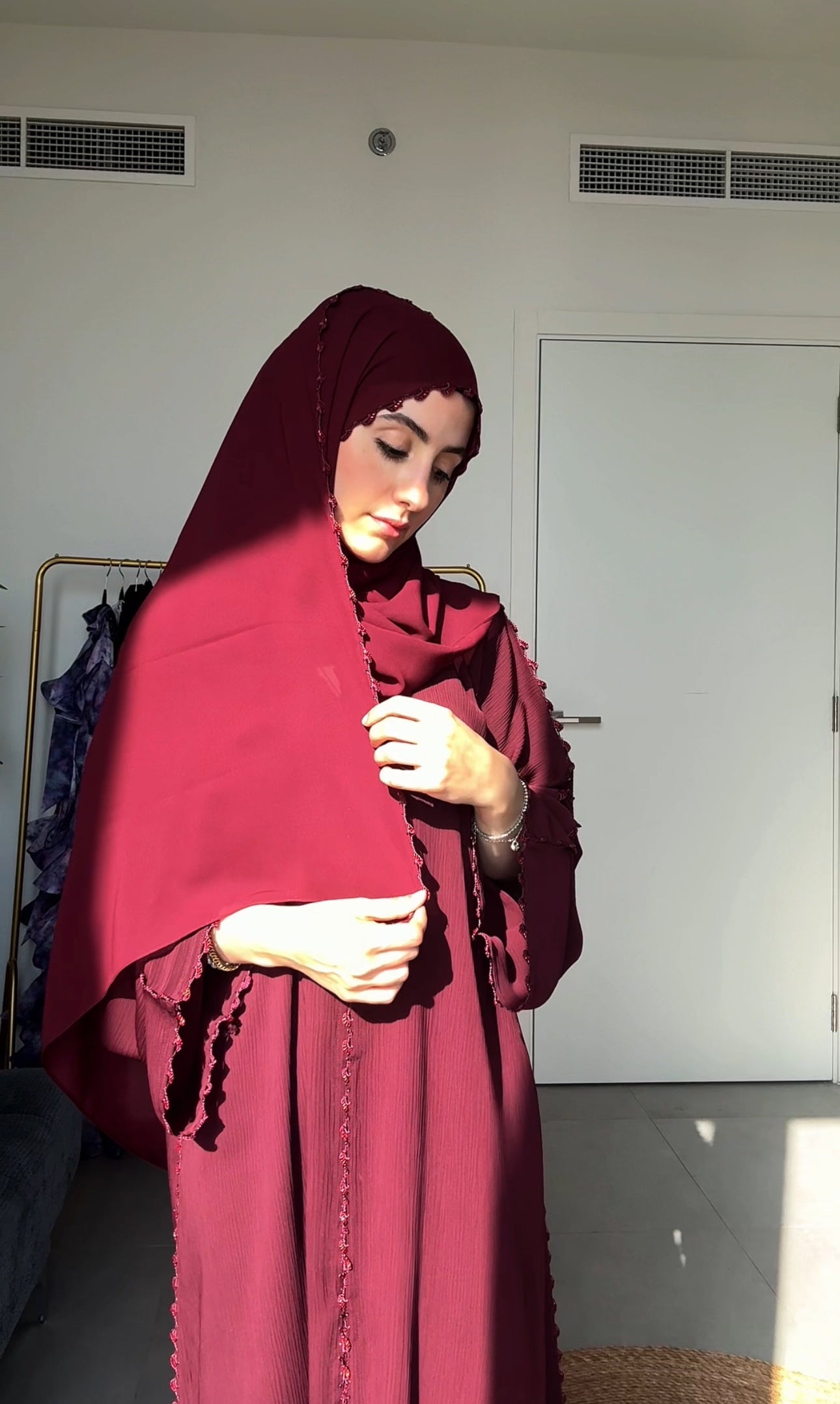 Maroon Zoom Abayah with Embrodiery detail