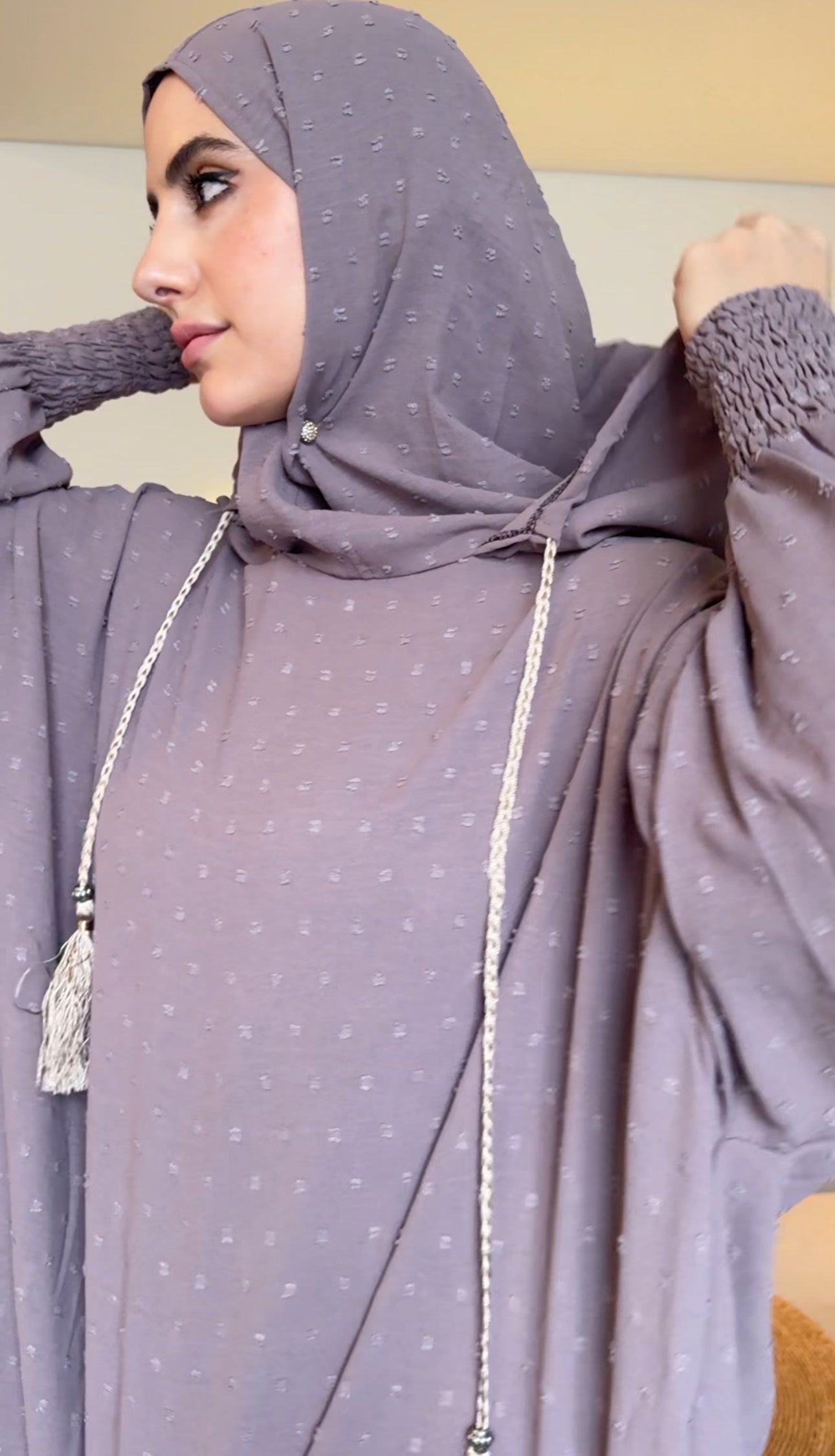 Neutral medium brown burqa with dots