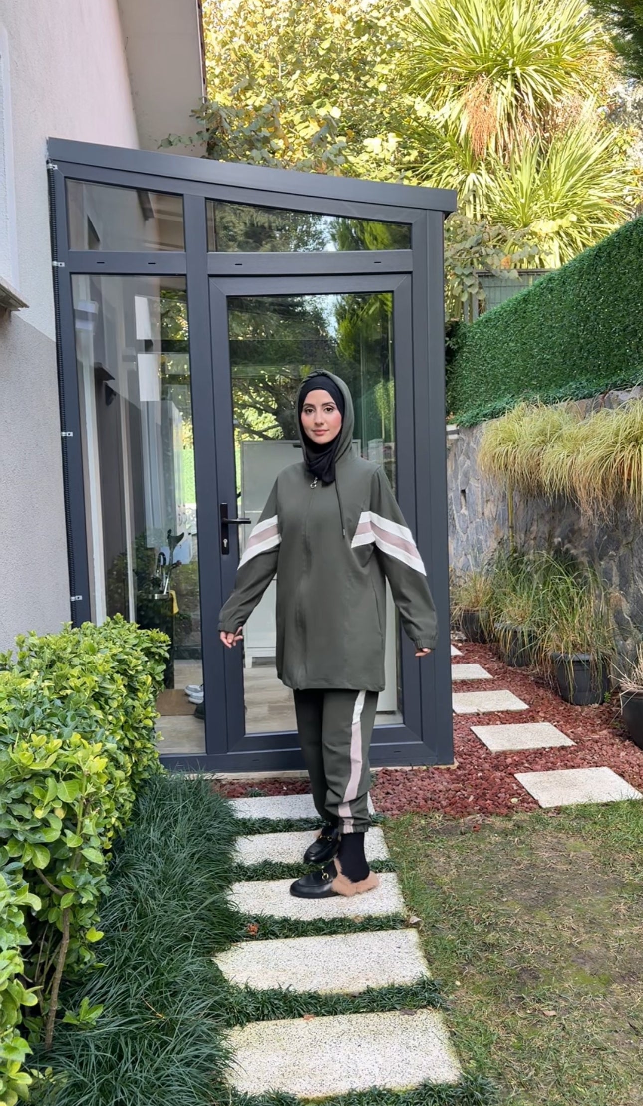 Army green tracksuit set with white stripes