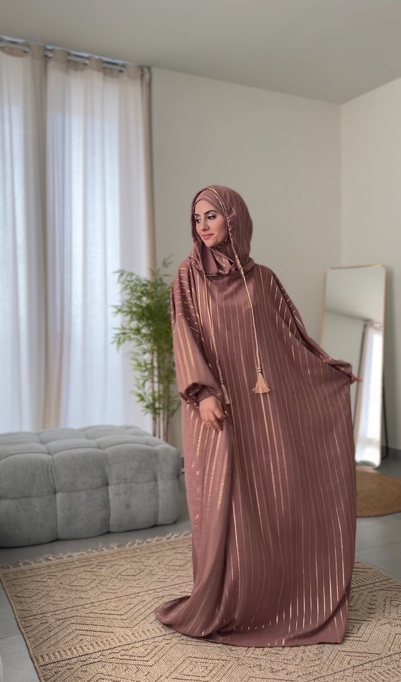 Pinkish Brown burqa with thin gold vertical lines