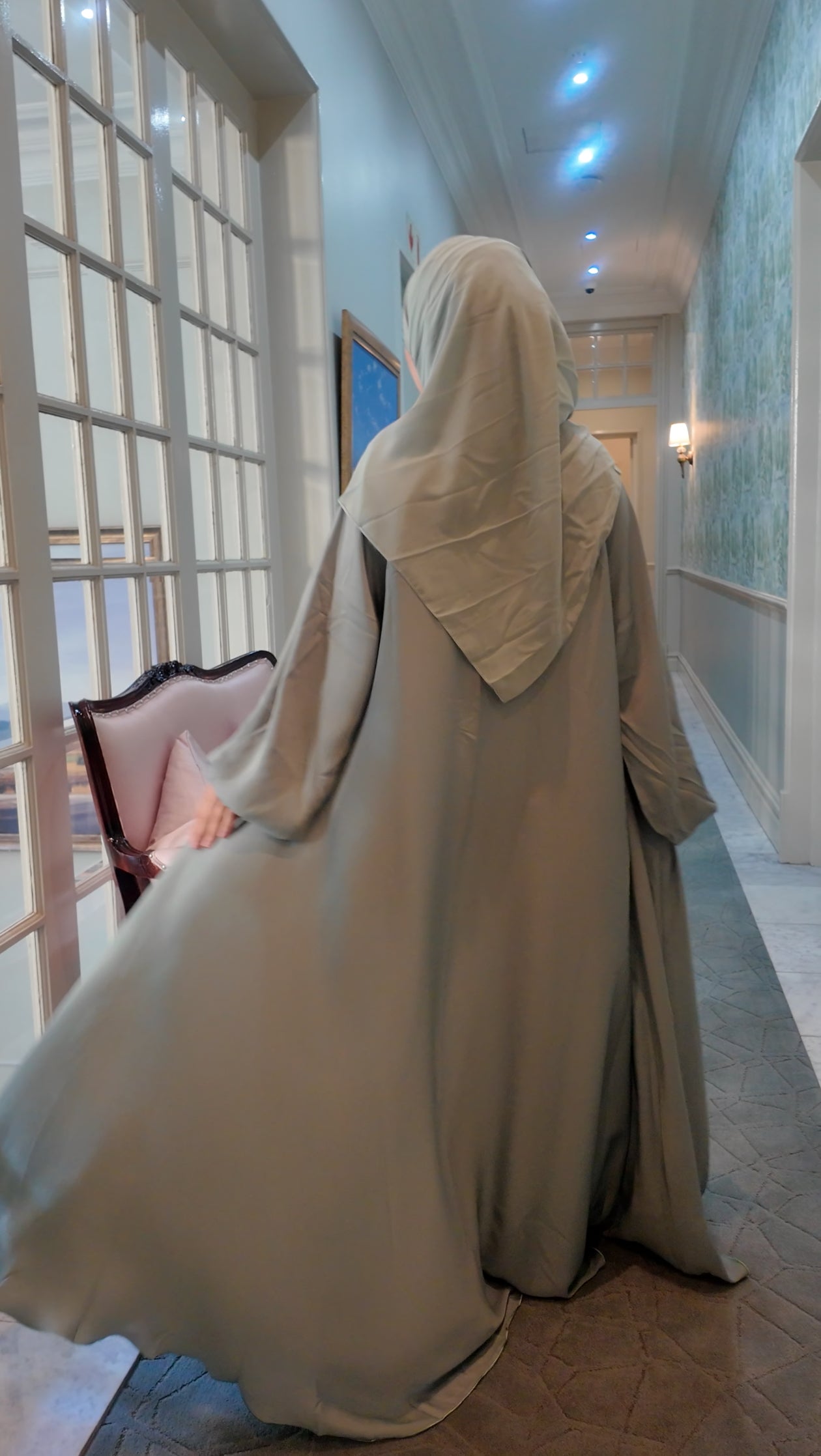 Light Green flow Abayah with attached hijab