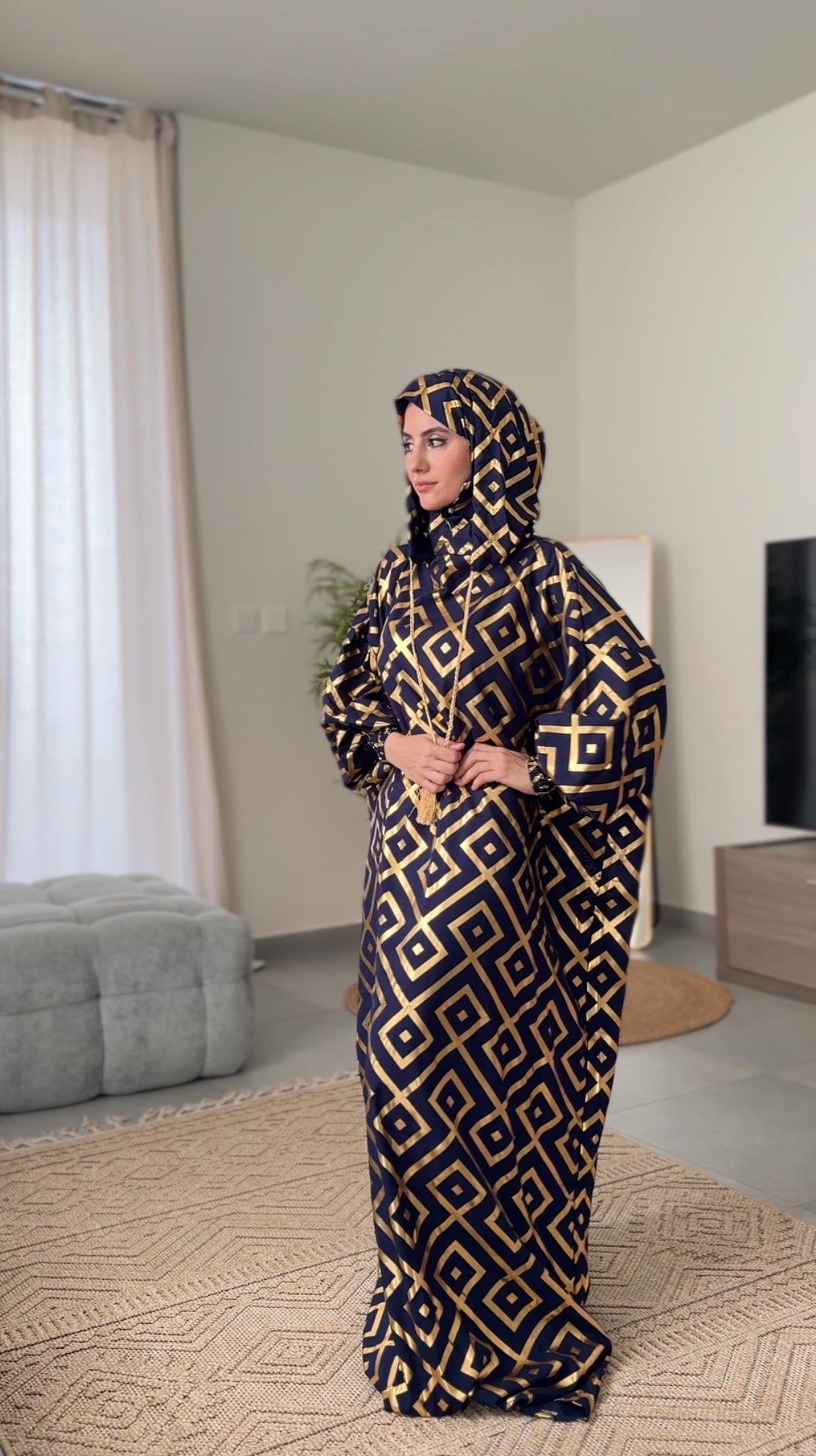 Navy burqa with gold geometric lines