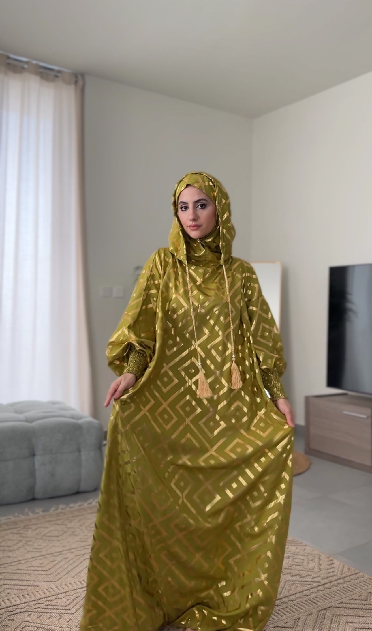 Olive green burqa with gold geometric lines