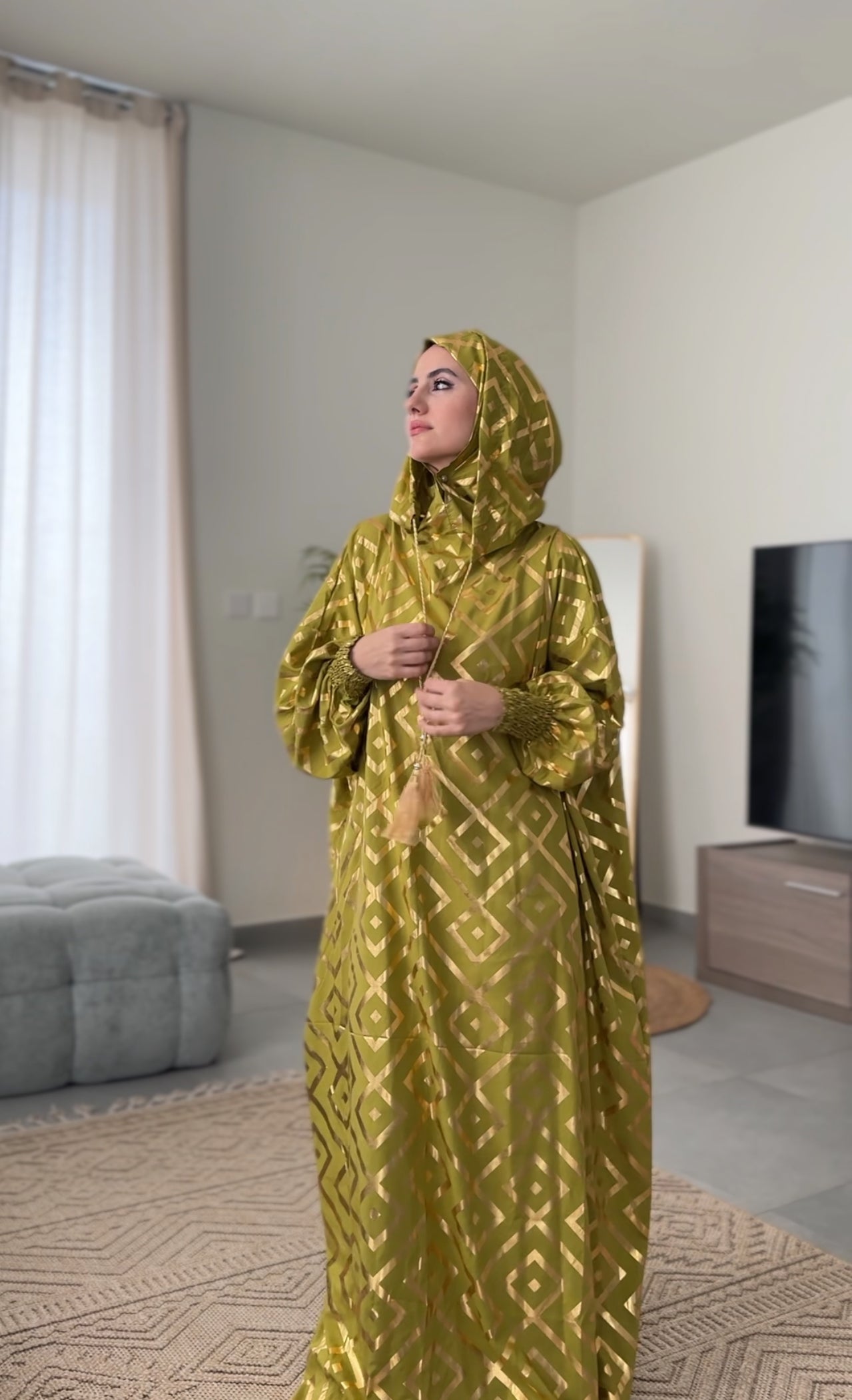 Olive green burqa with gold geometric lines