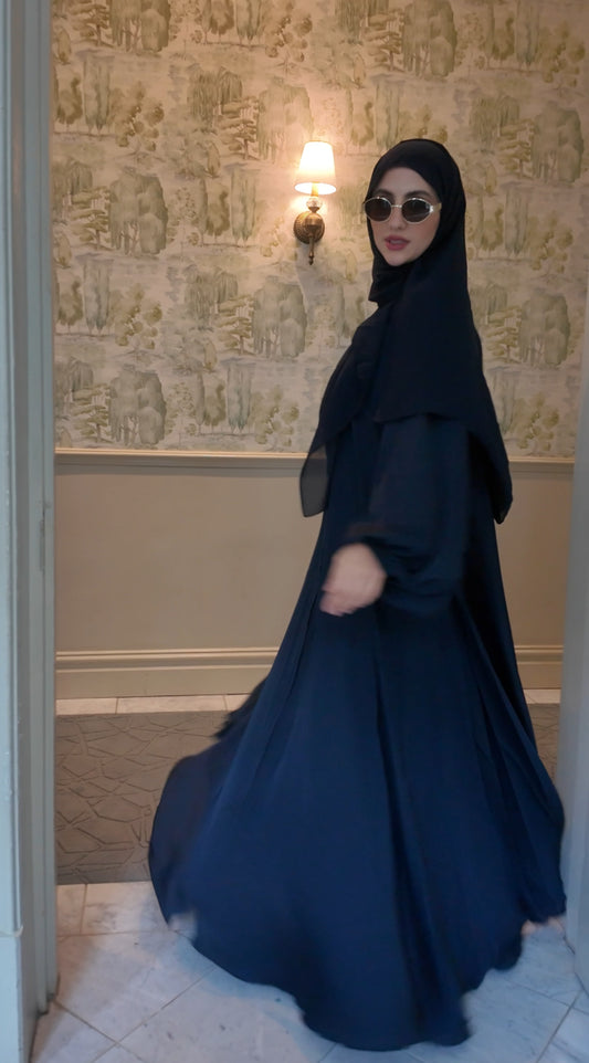 Dark blue flow Abayah with attached hijab