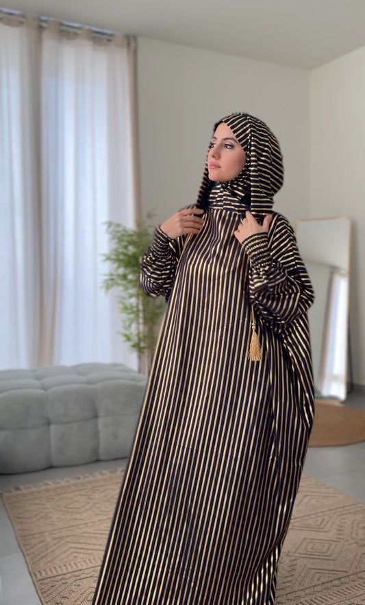 Dark navy burqa with thick gold vertical lines