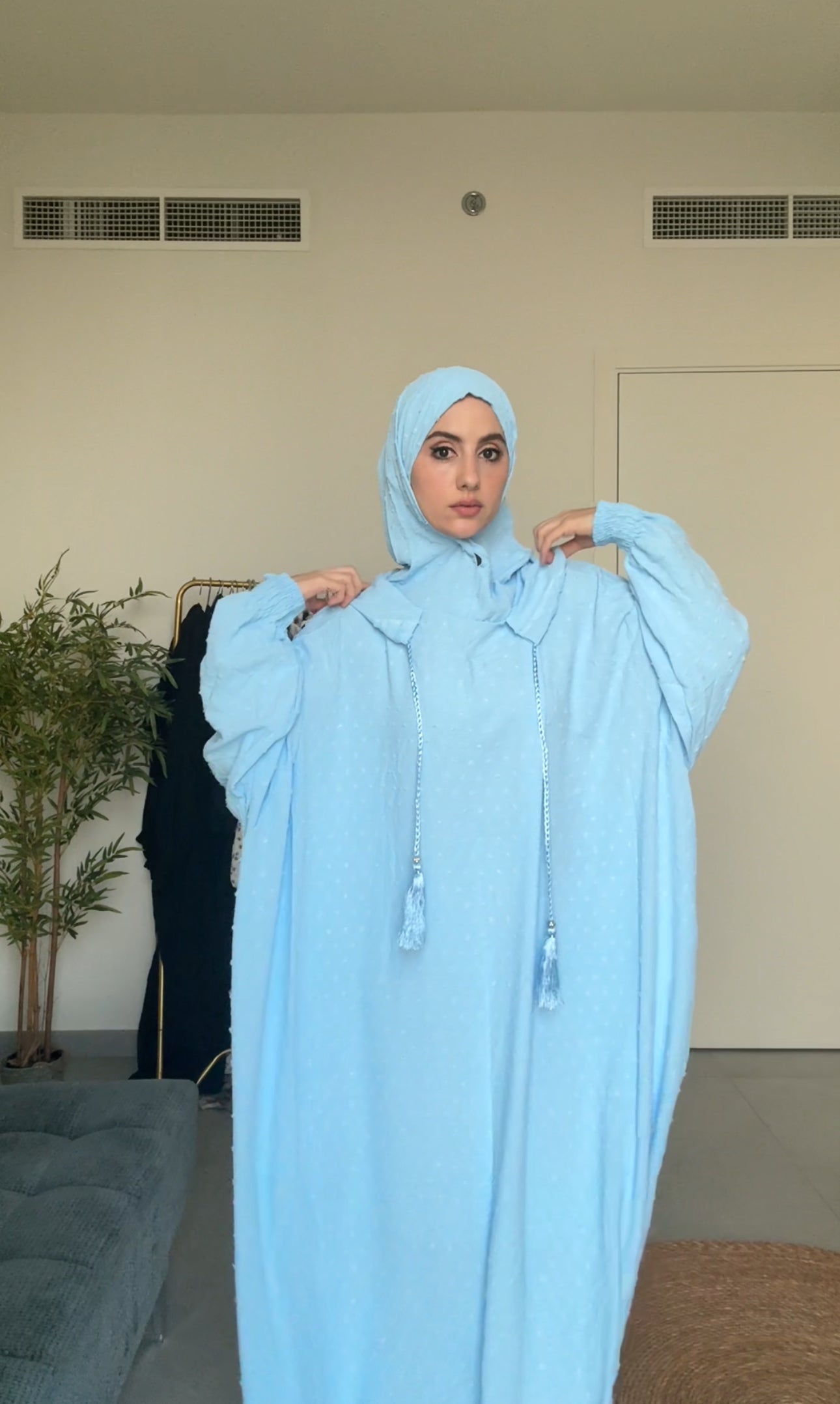 Baby blue burqa with blue dots