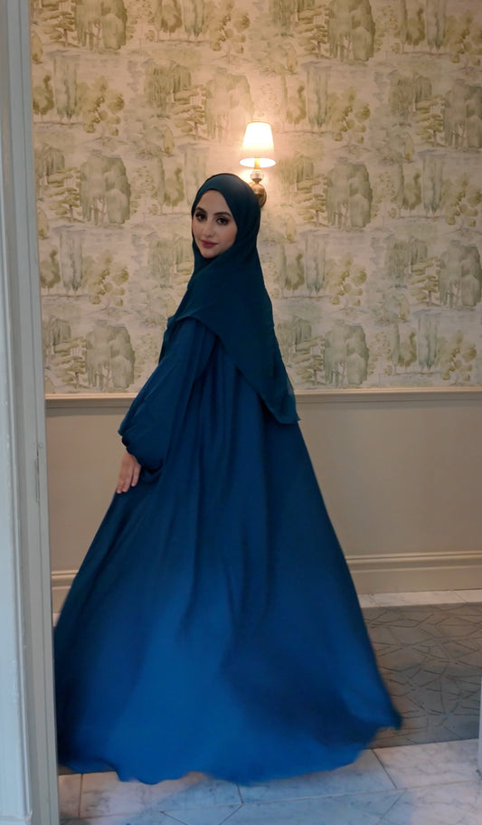 Teal blue flow Abayah with attached hijab