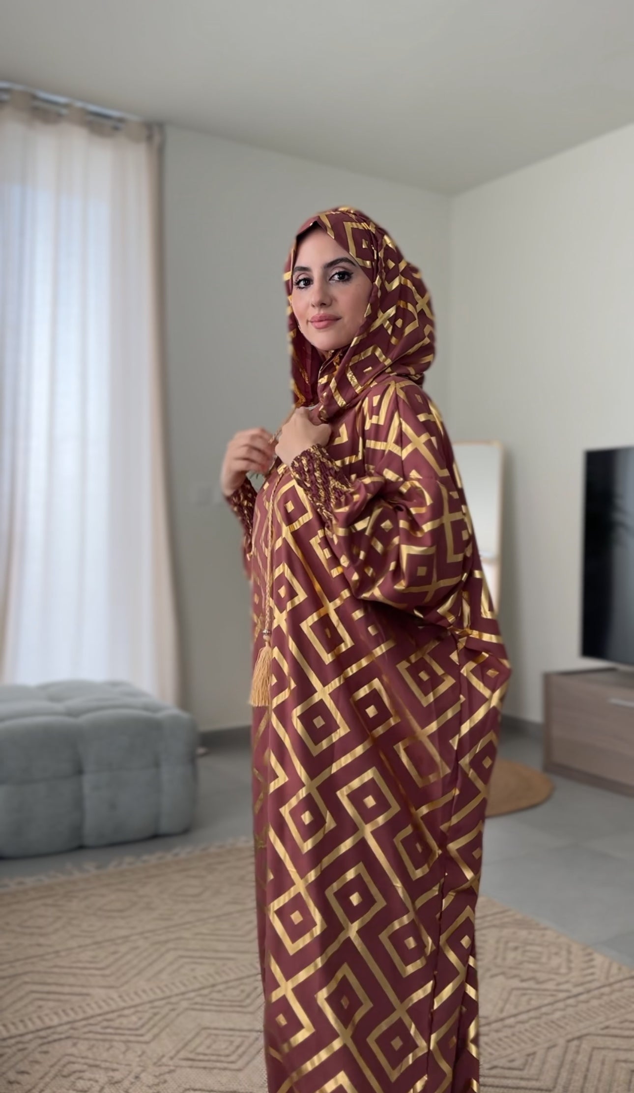 Pinkish brown burqa with gold geometric lines