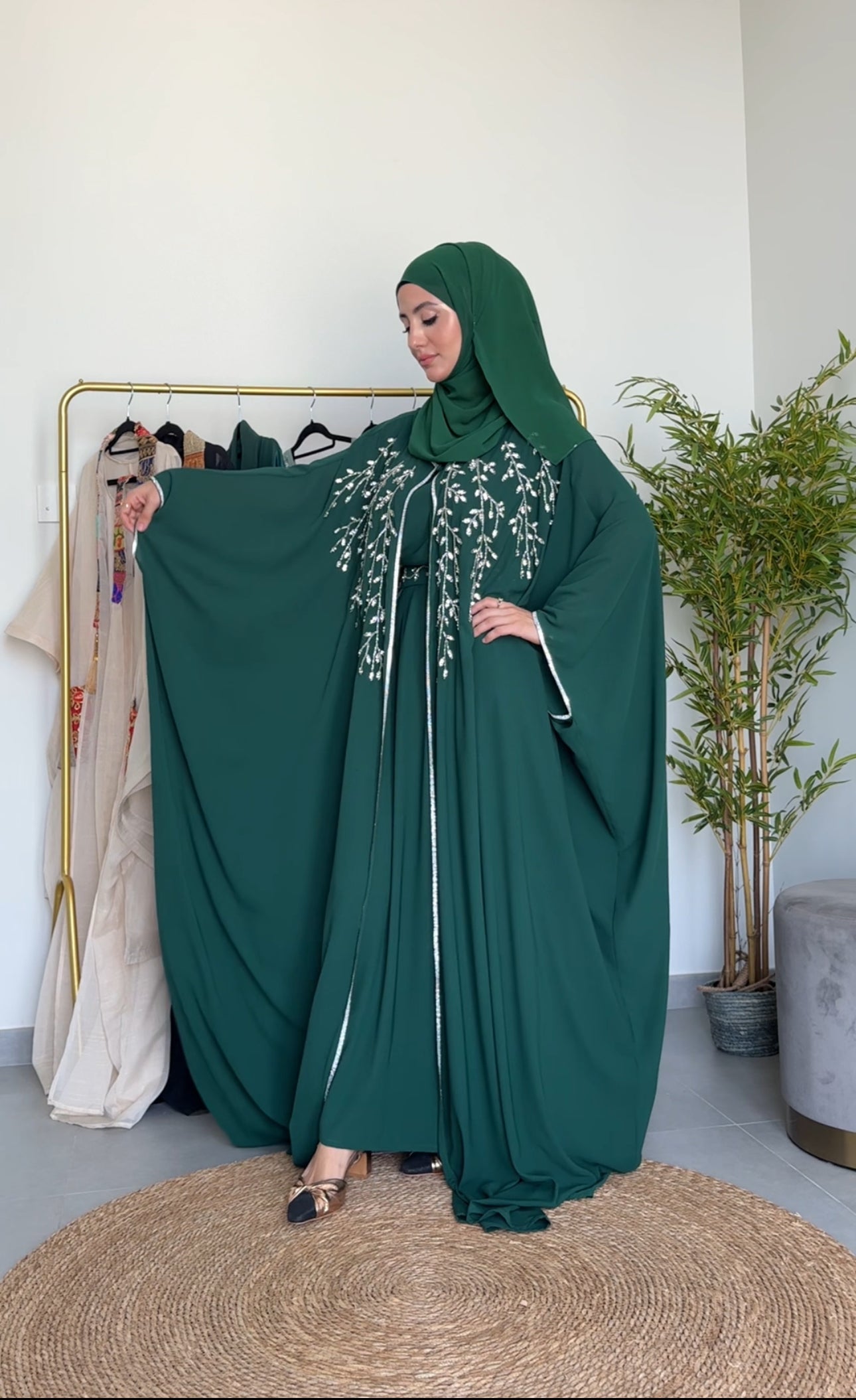 Emerald green abayah with silver beadwork with inner and belt