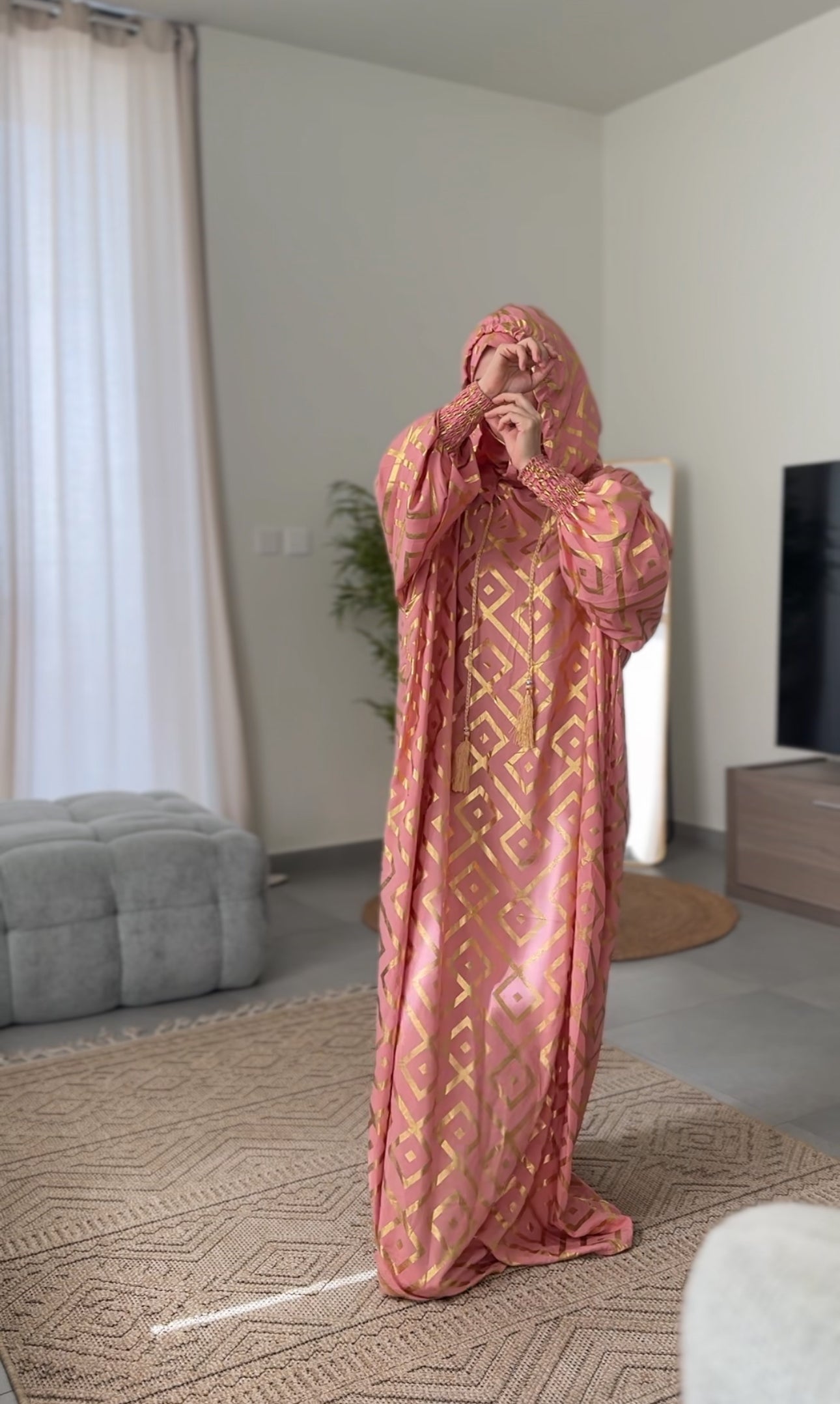 Light coral burqa with gold geometric lines