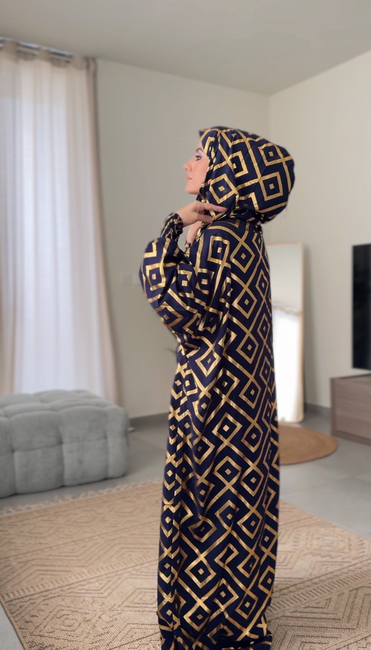 Navy burqa with gold geometric lines