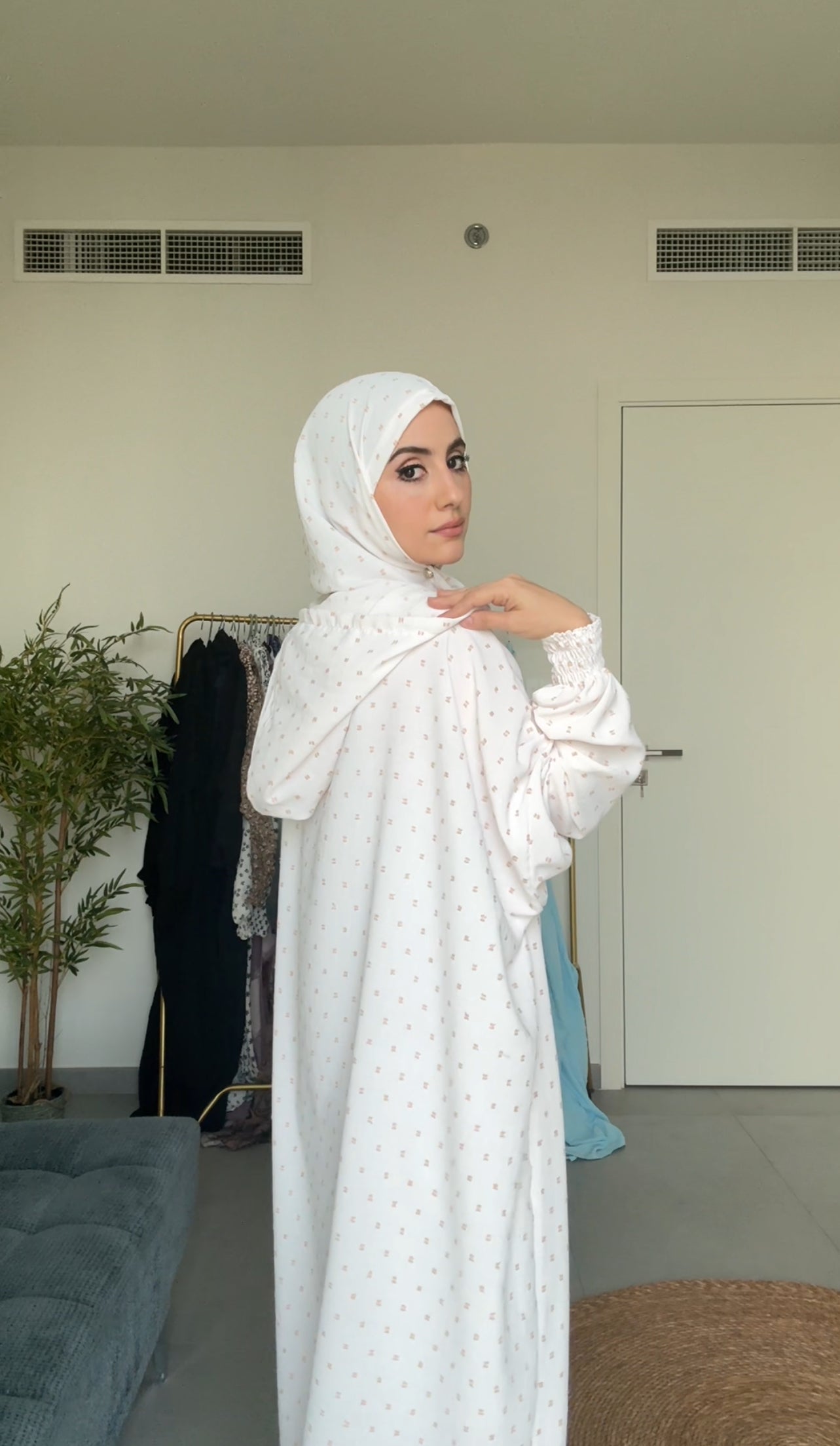 White burqa with beige dots