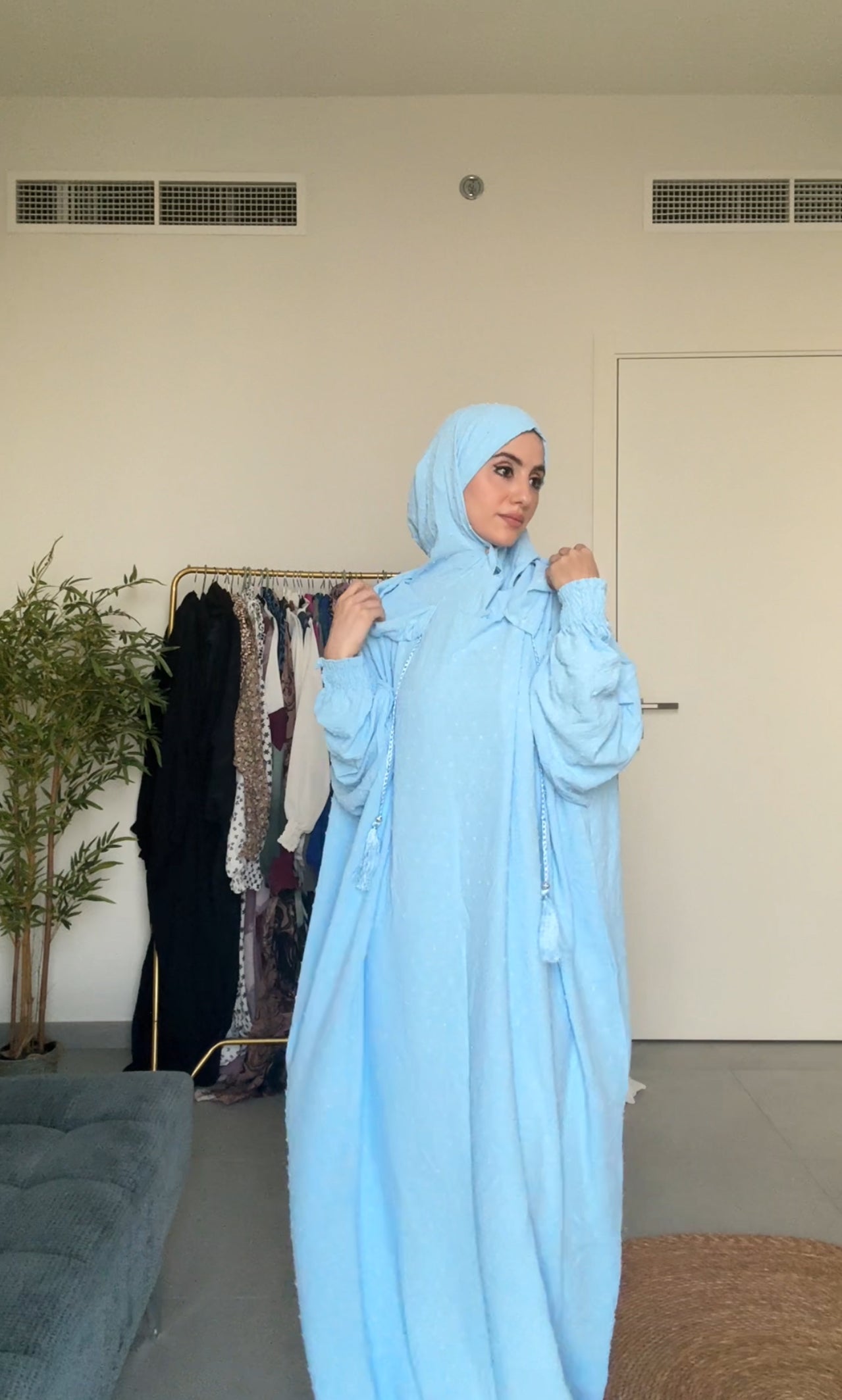 Baby blue burqa with blue dots