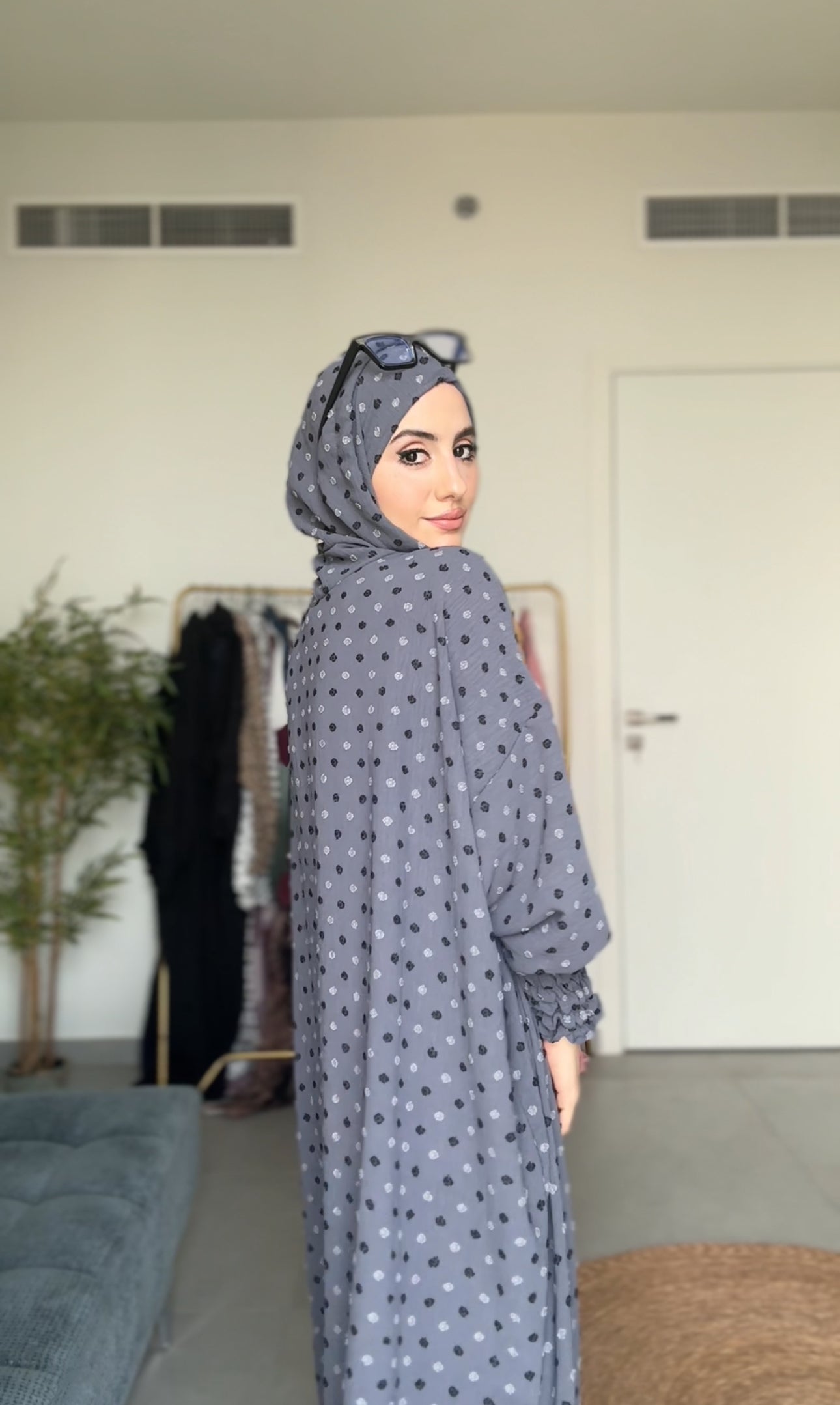 Gray burqa with black dots