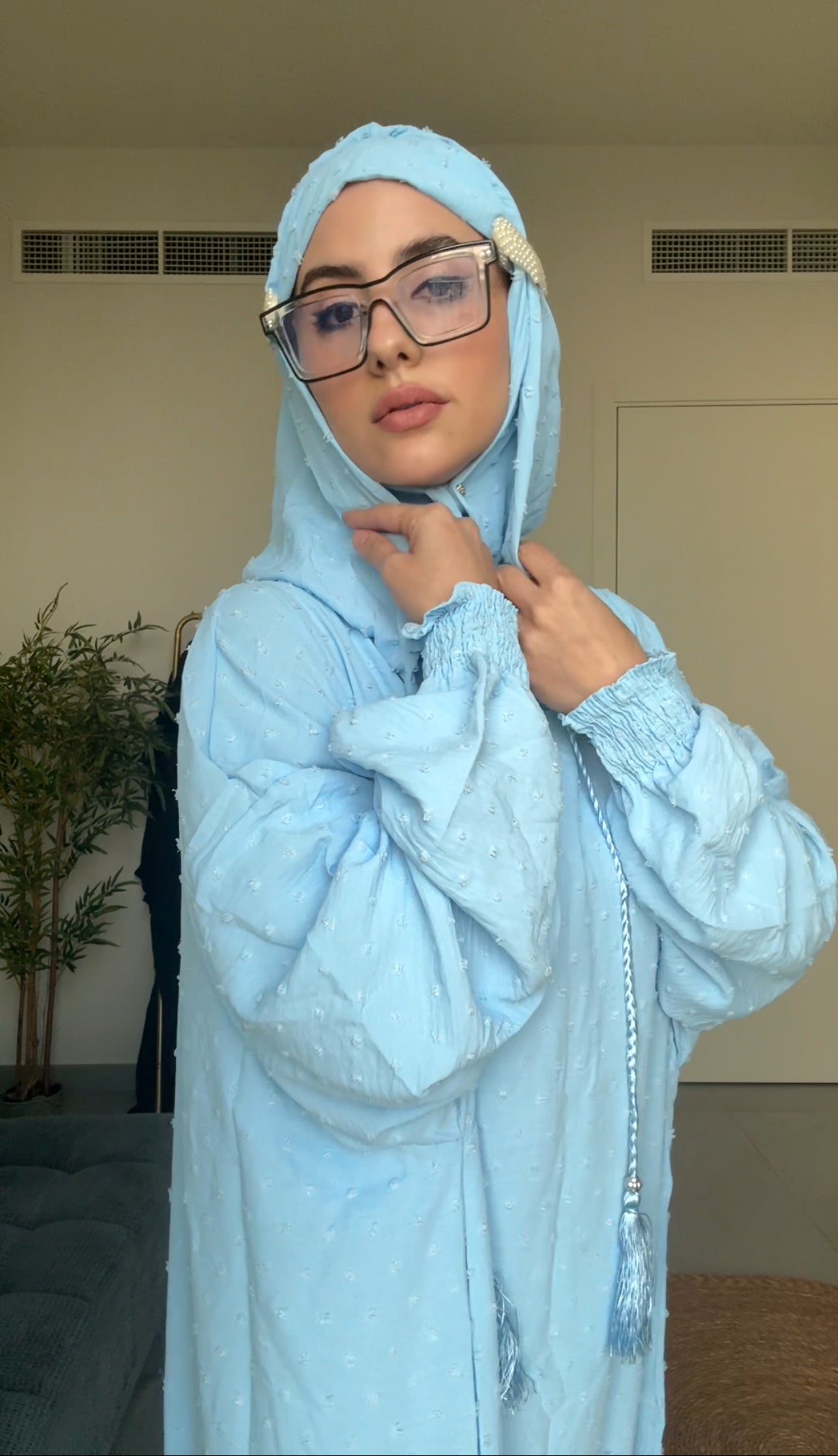 Baby blue burqa with blue dots