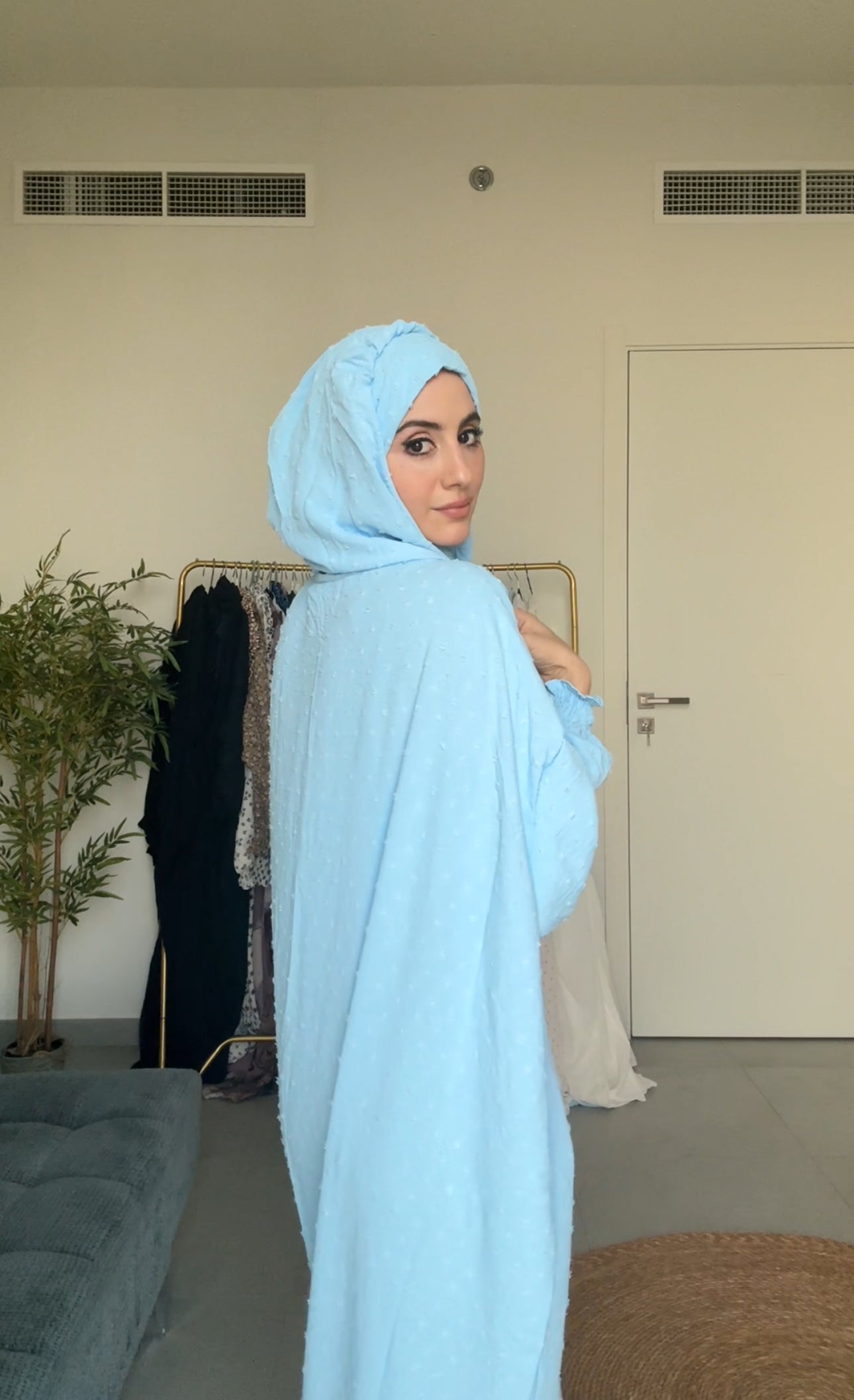 Baby blue burqa with blue dots