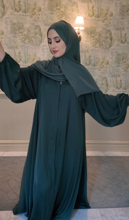 Deep green flow Abayah with attached hijab