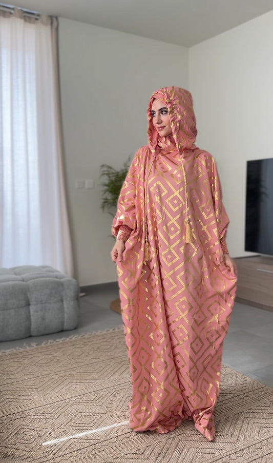 Light coral burqa with gold geometric lines