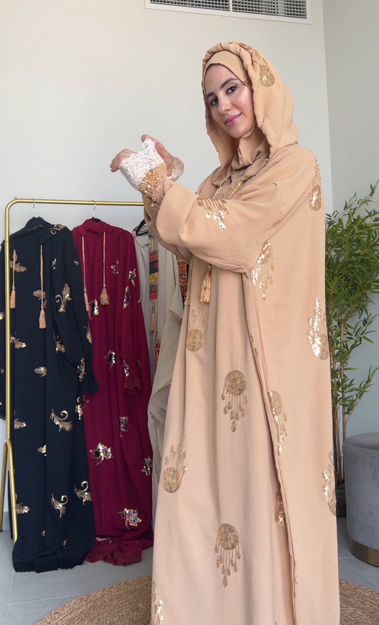 Beige Hoodie Burqa with embroidery and lace work