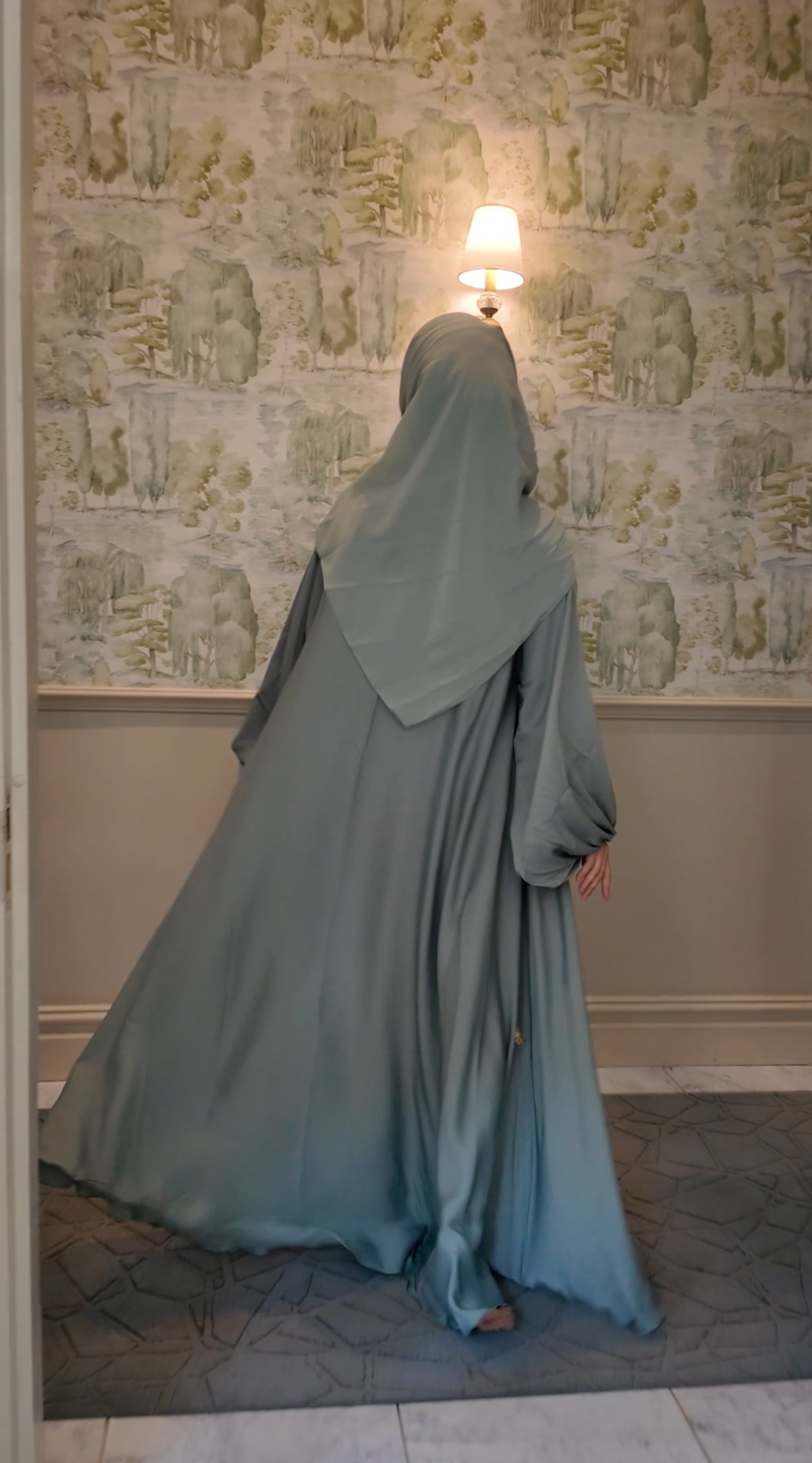 Light Green flow Abayah with attached hijab