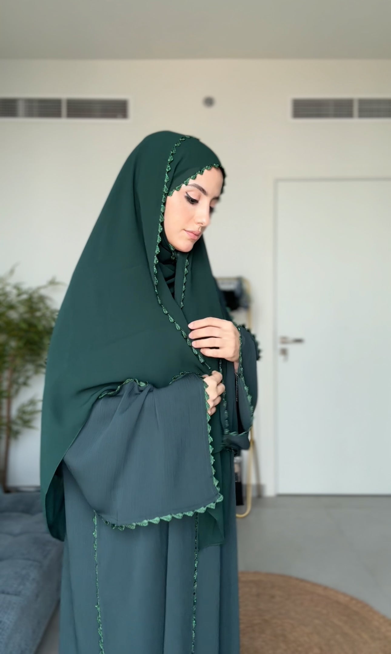 Dark Green Zoom Abayah with Embrodiery detail