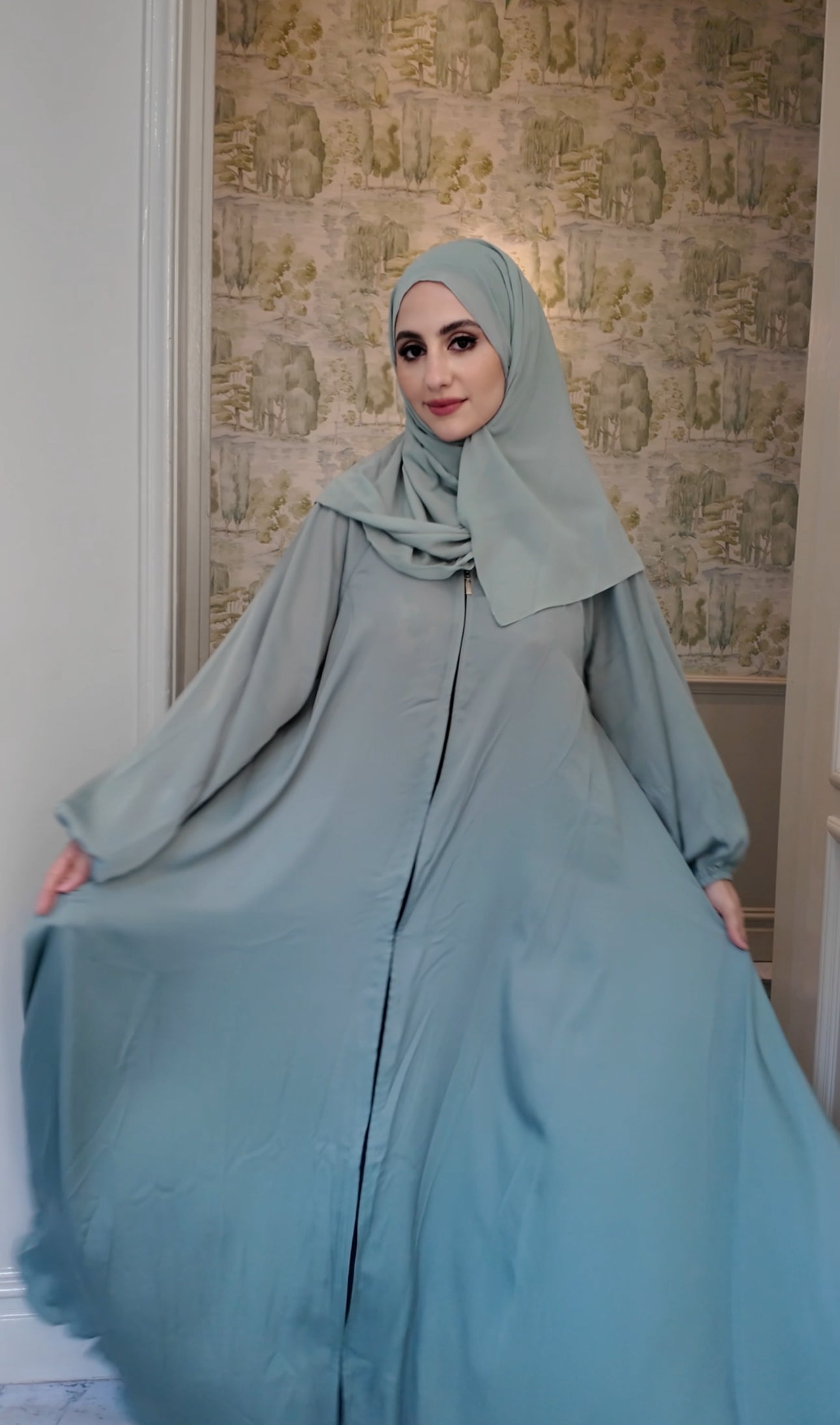 Light Green flow Abayah with attached hijab