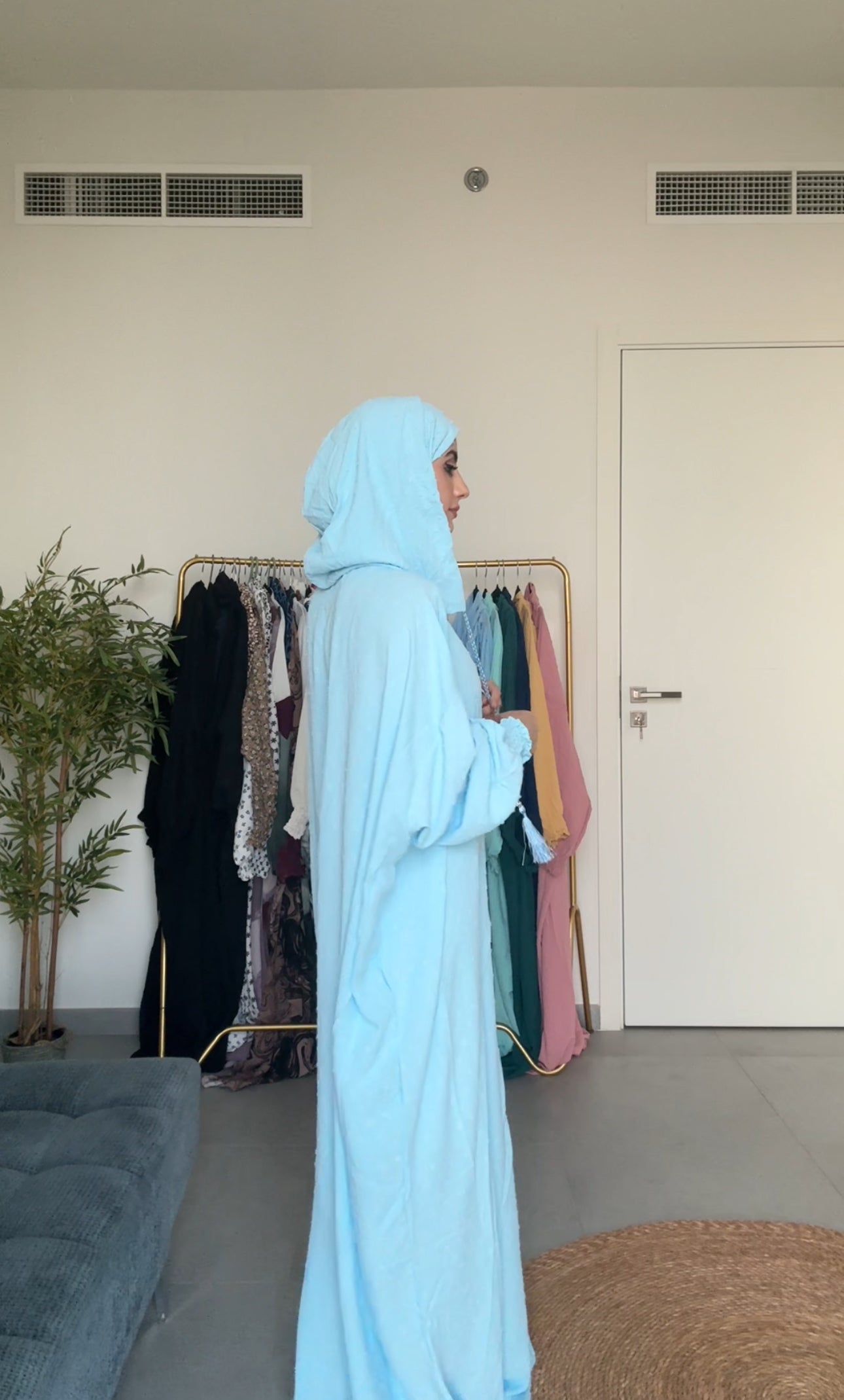 Light blue burqa with blue dots