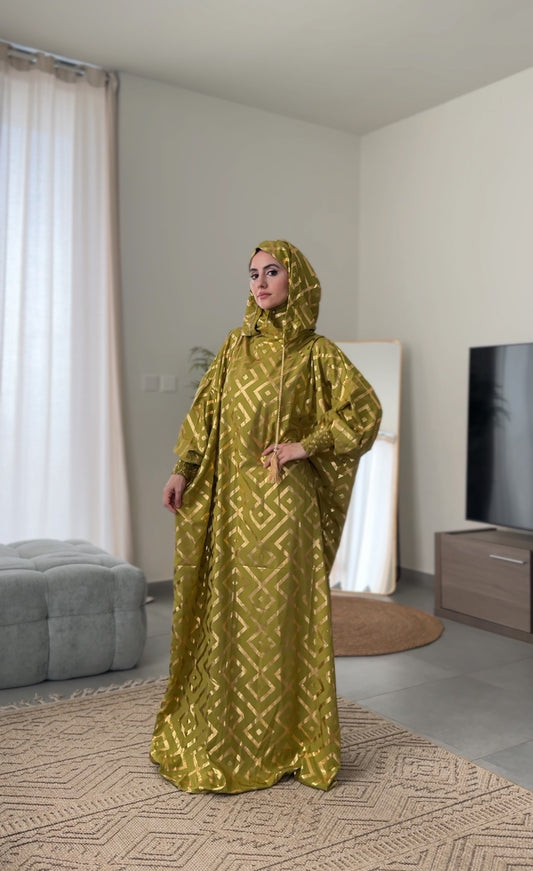 Olive green burqa with gold geometric lines