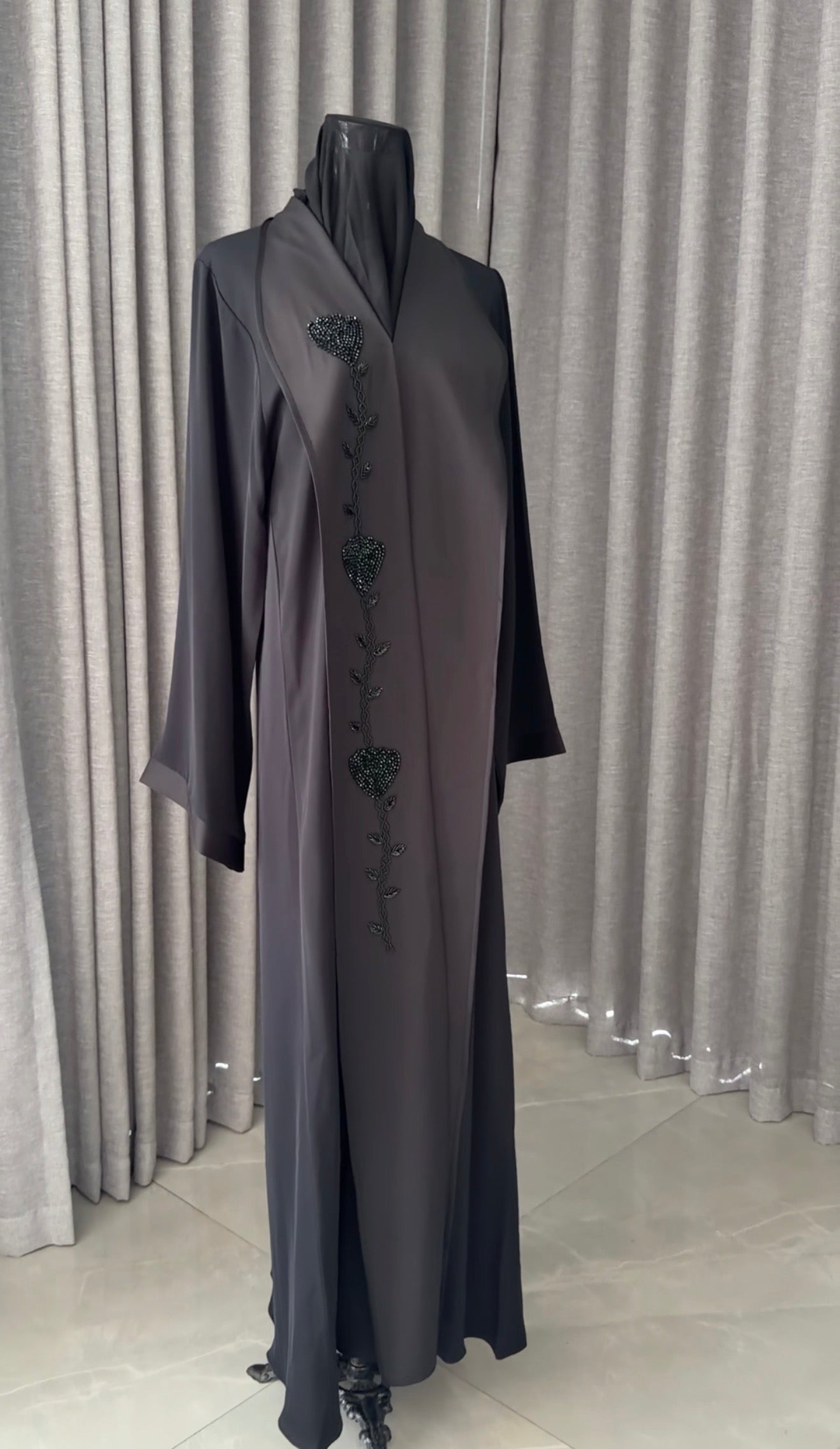 Black abayah with black beadwork detail