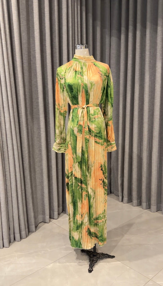 Green and yellow pleated dress