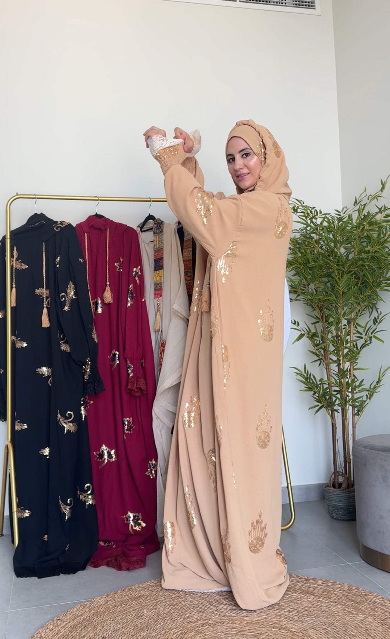 Beige Hoodie Burqa with embroidery and lace work