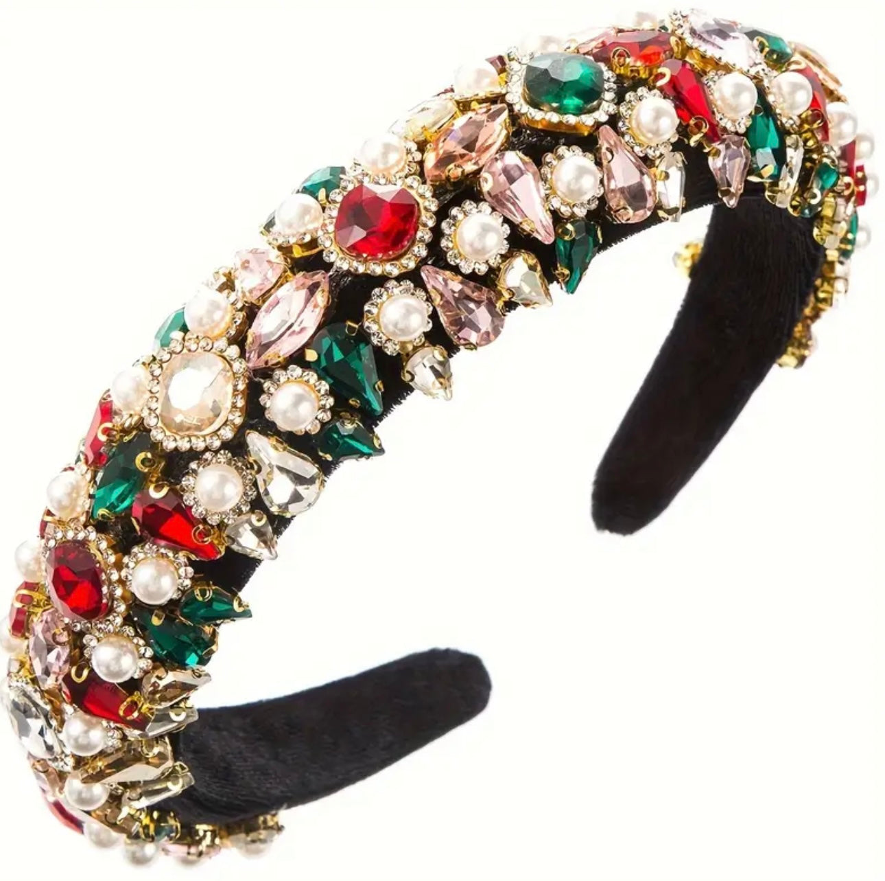 Black with White, red and green Beadwork Alice Band