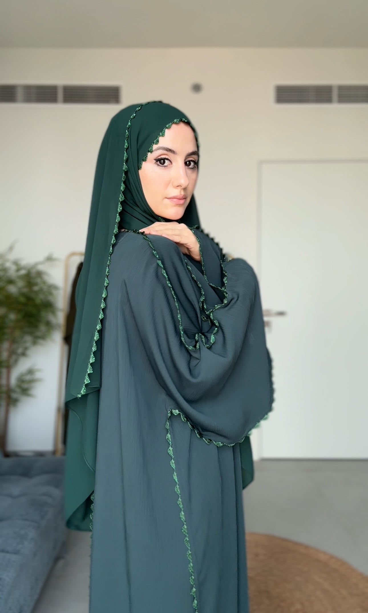 Dark Green Zoom Abayah with Embrodiery detail