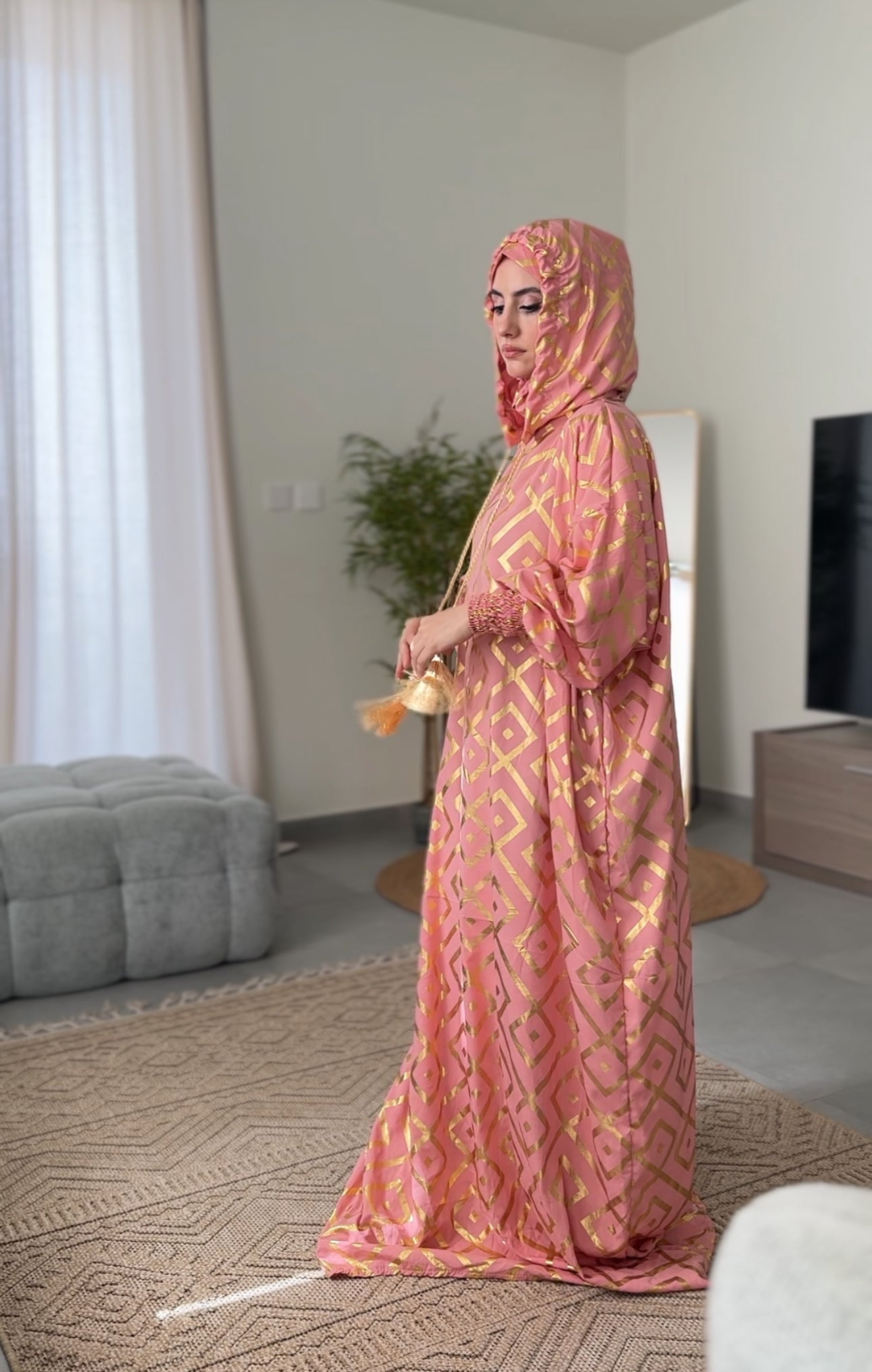 Light coral burqa with gold geometric lines