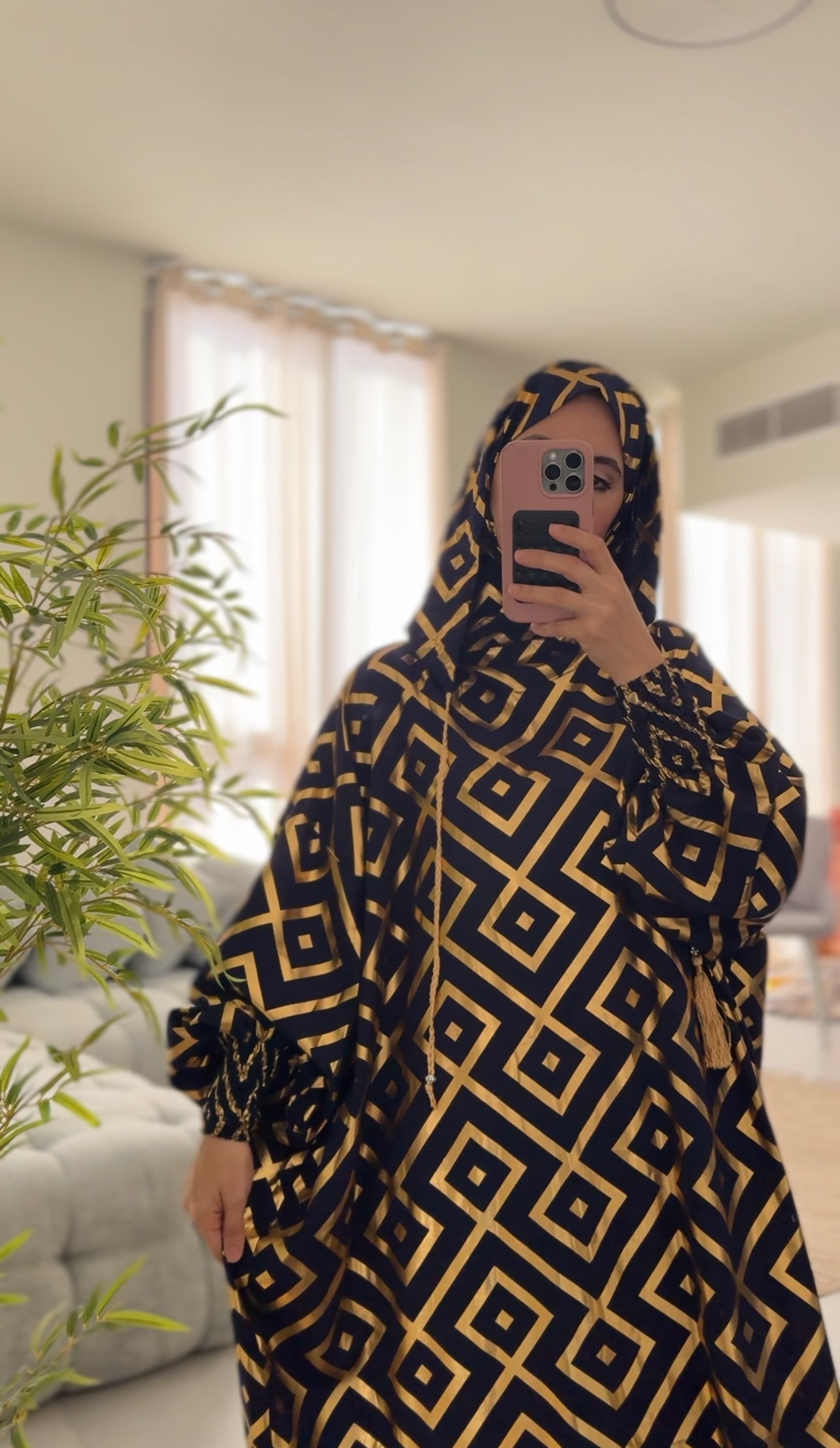 Navy burqa with gold geometric lines